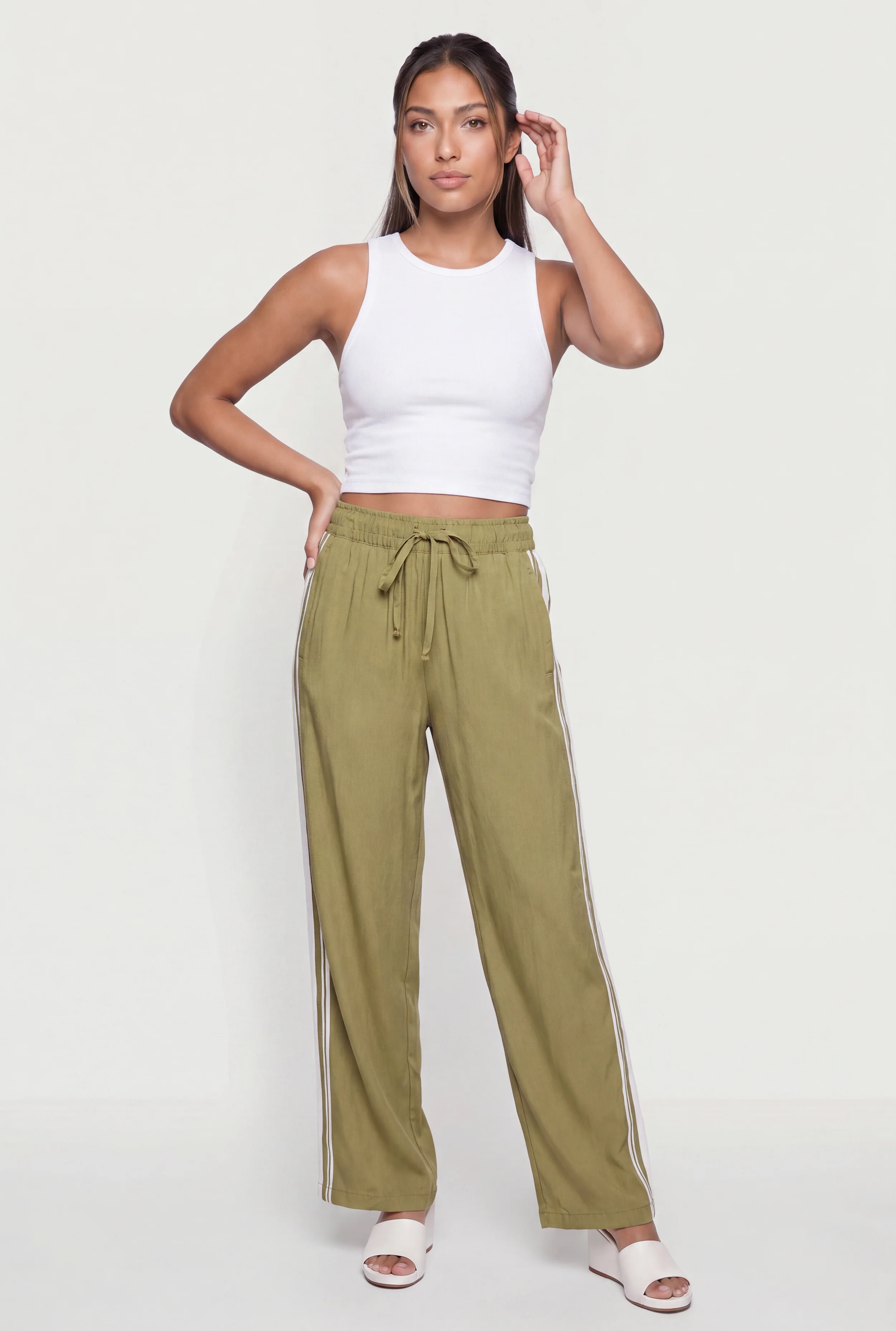 Drawstring Waist Contrast Trim Pull On Pants