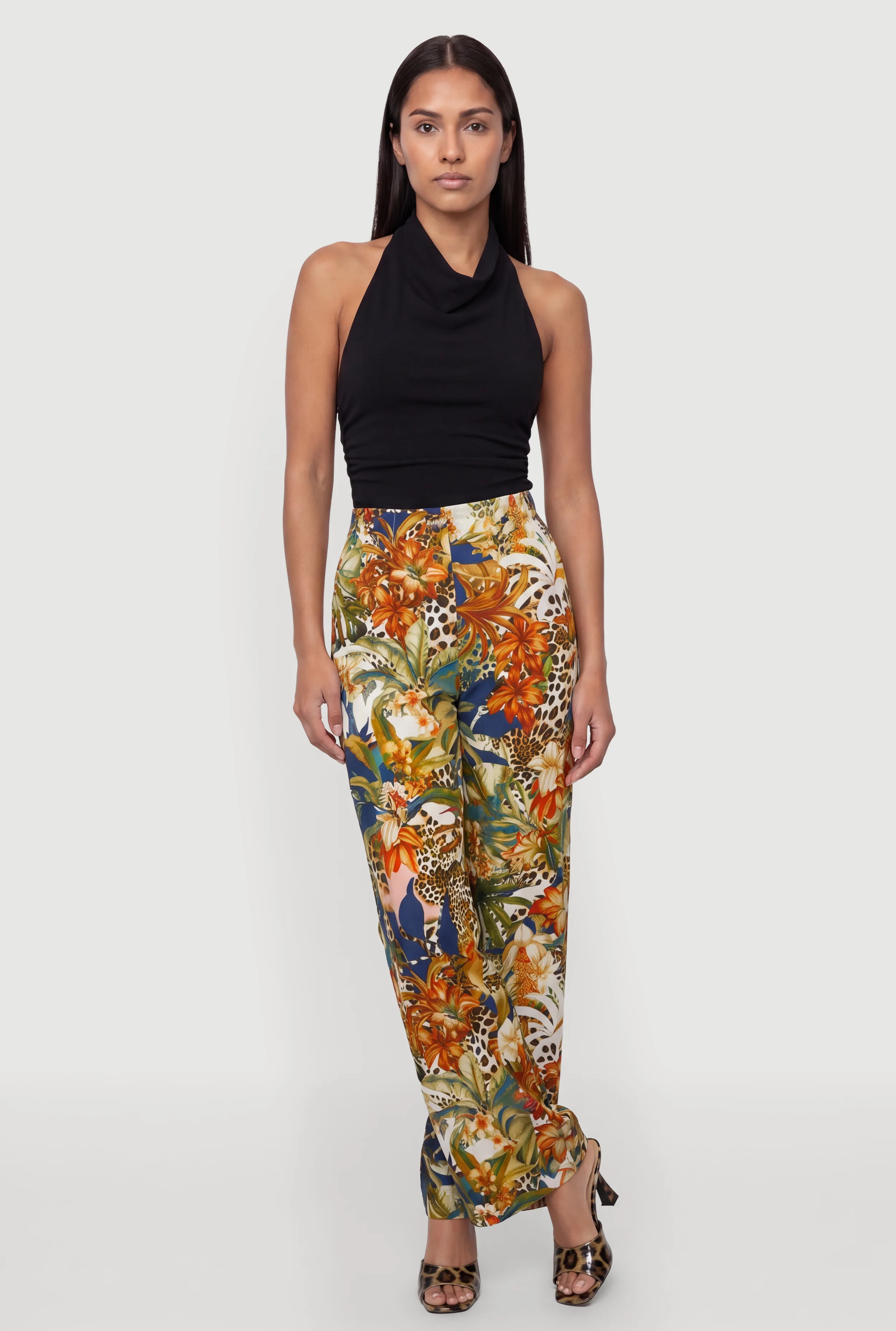 Floral Animal Print Wide Leg Pants