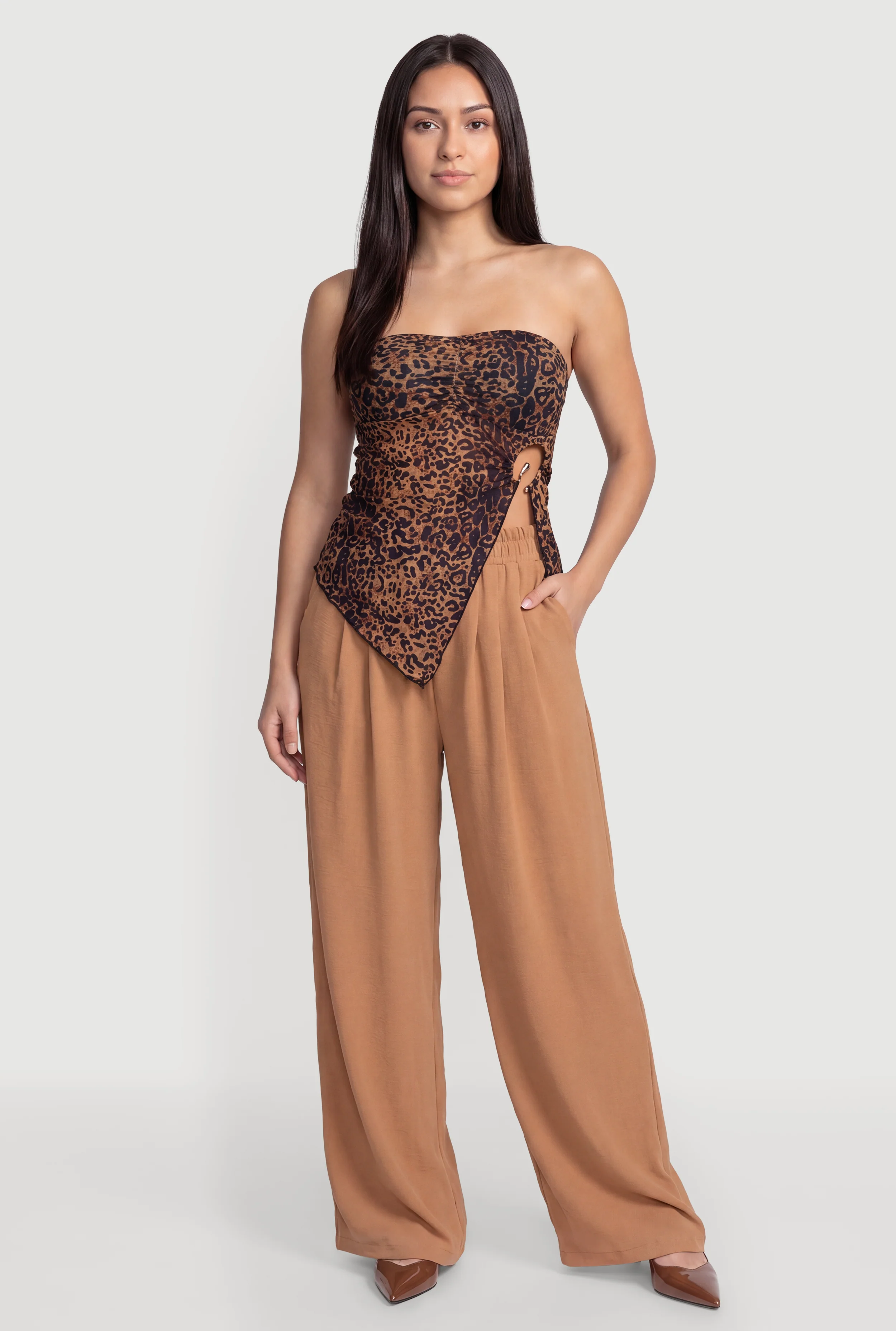 Wide Leg Pleated Pull On Dress Pants