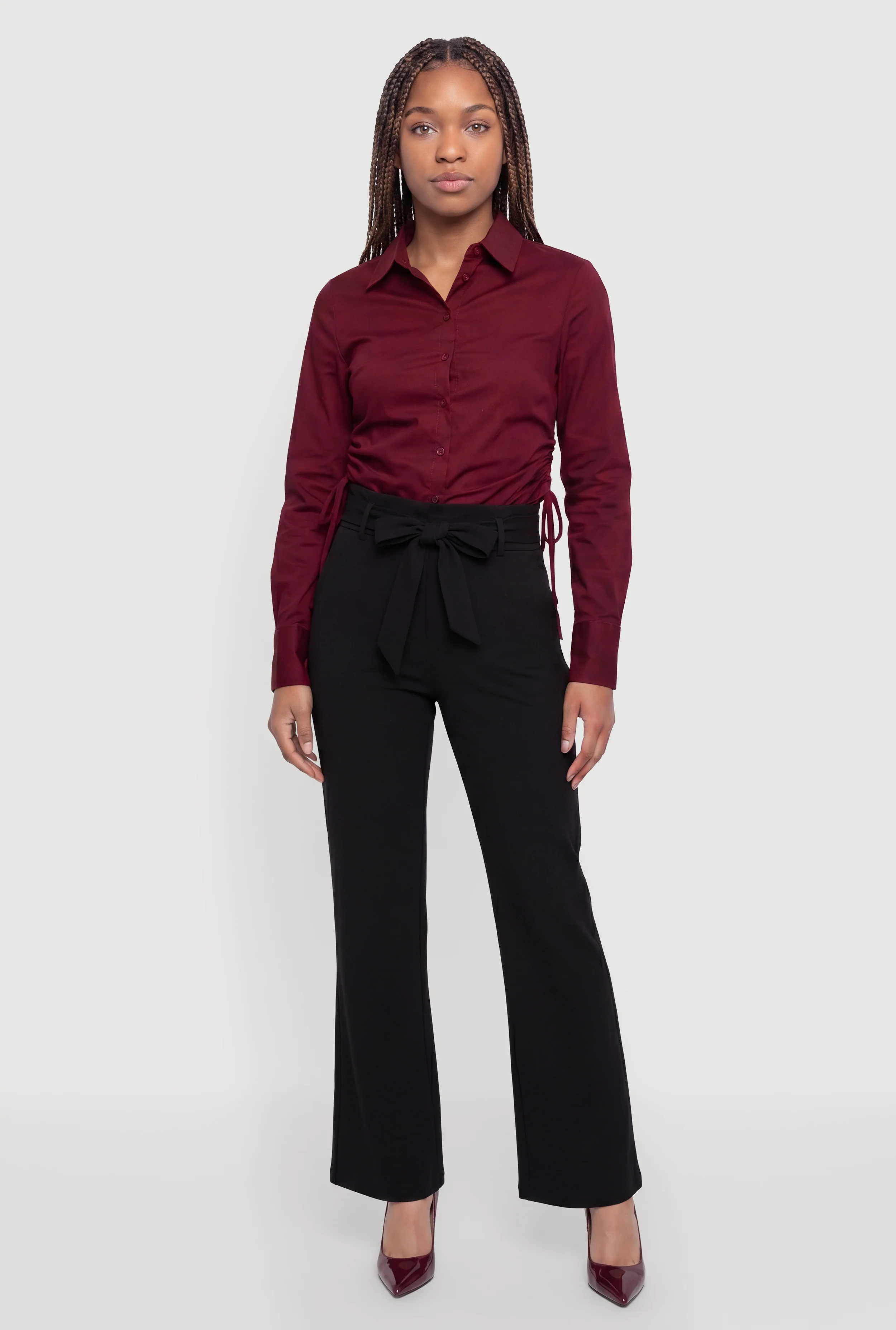 Tie Waist Belted Front Boot Cut Pants