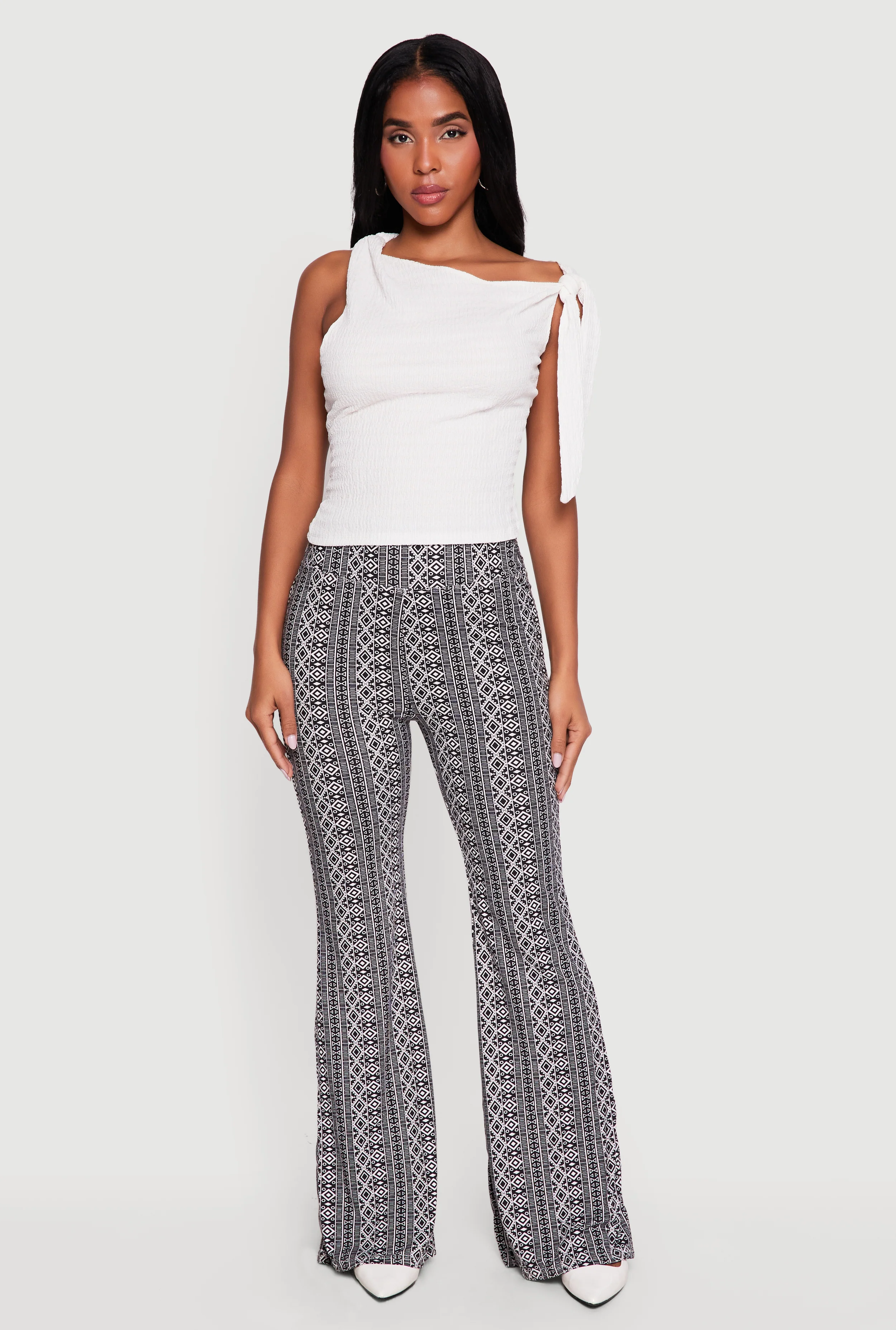 Geometric Print High Waisted Pull On Flare Pants