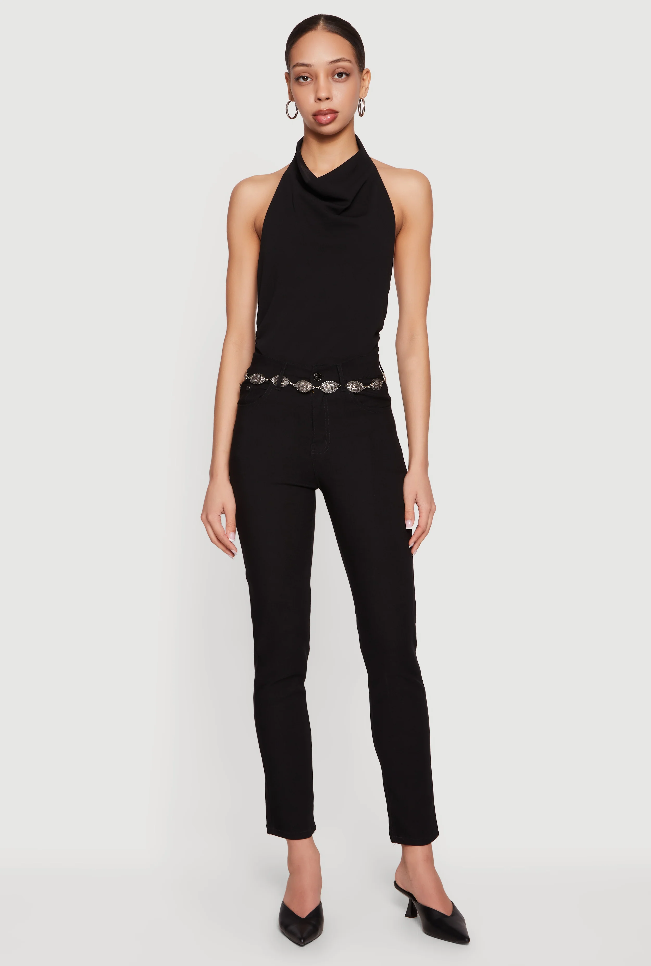 High Waisted Slim Leg Pants with Concho Chain Belt