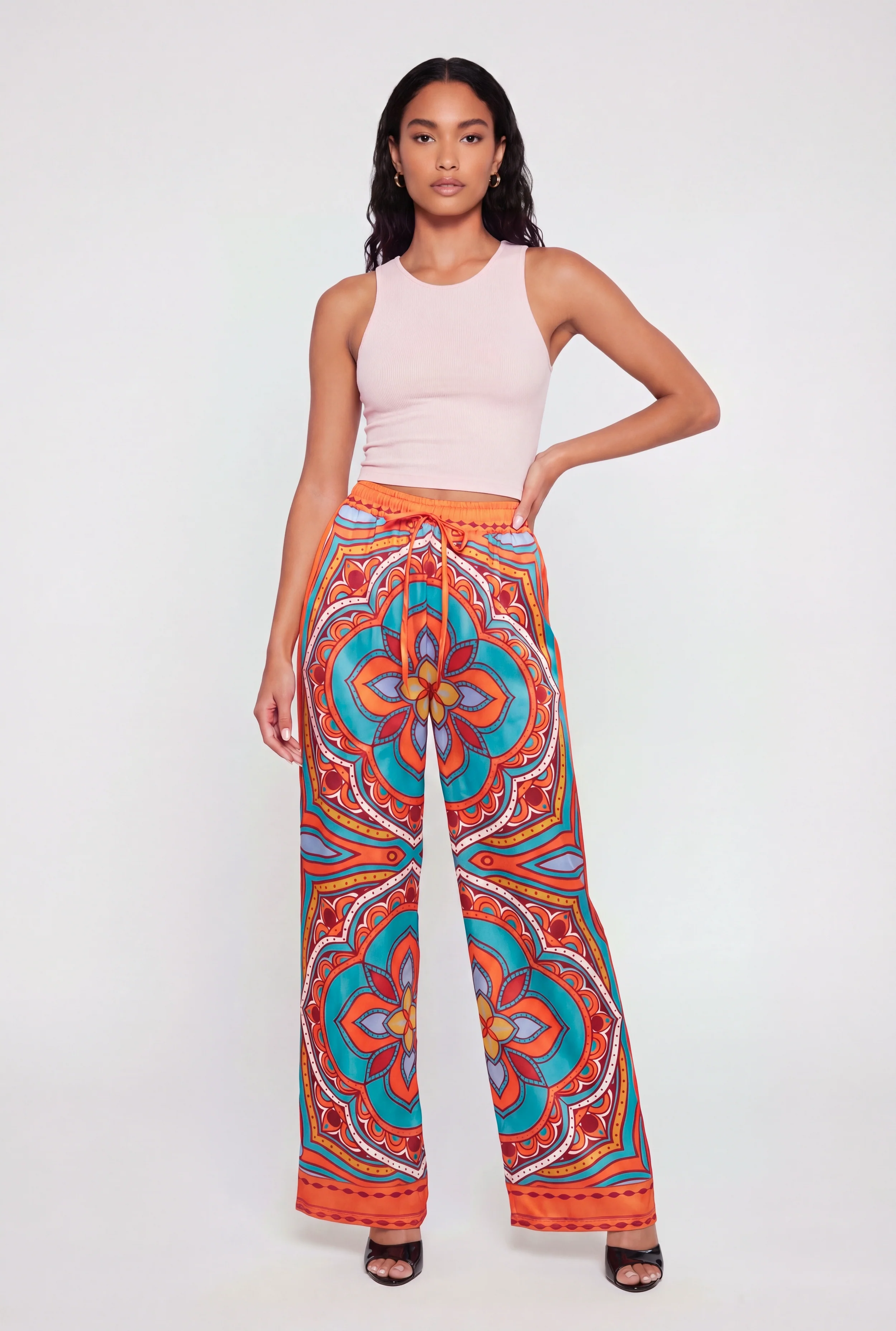 Satin Patterned High Waisted Wide Leg Pants