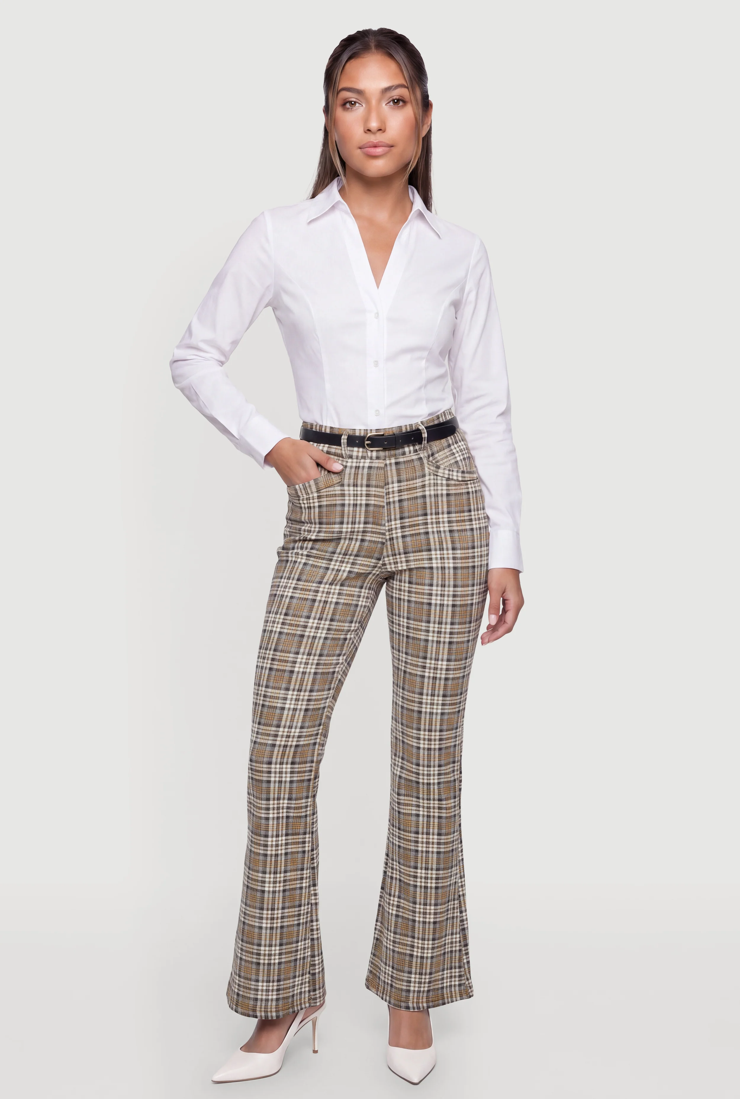 High Waisted Flare Leg Plaid Dress Pants with Belt