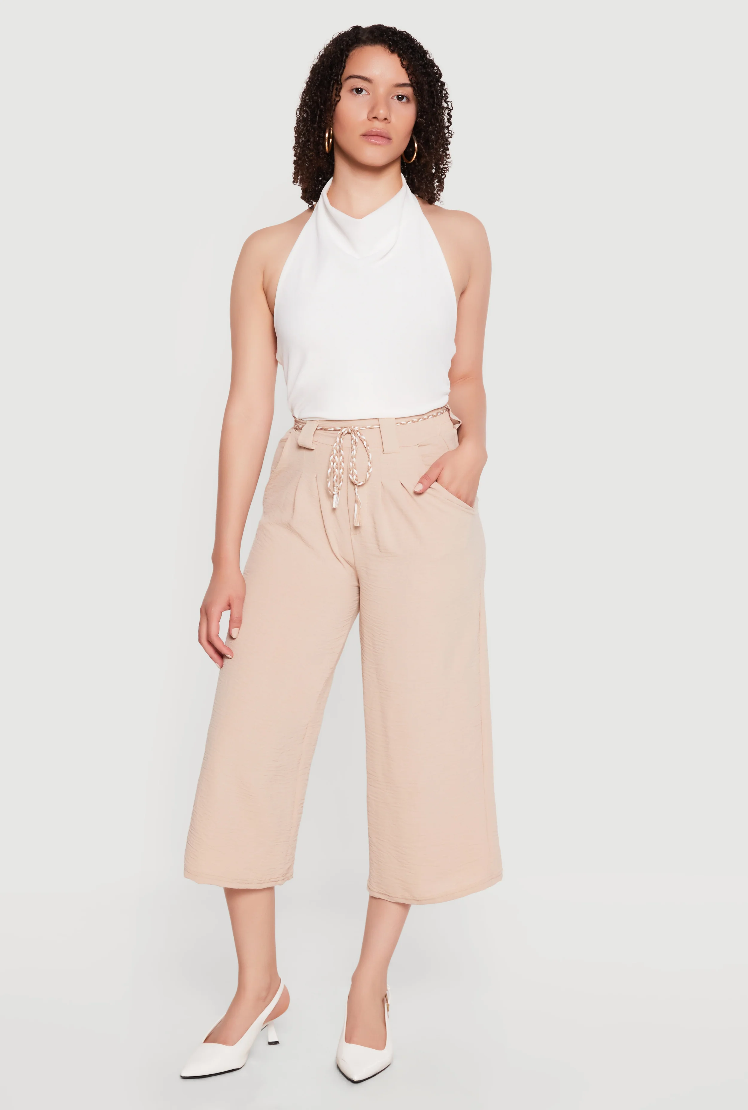 Crepe Knit Pleated High Waisted Capris Pants