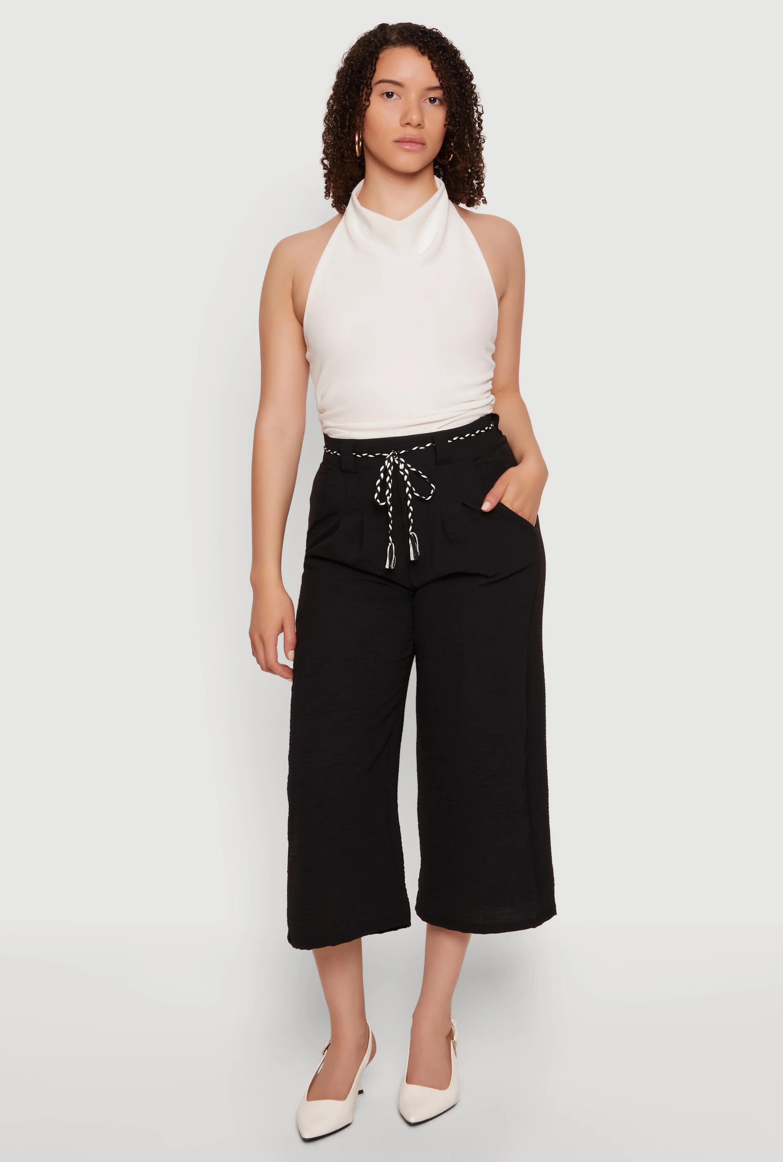 Crepe Knit Wide Leg Culottes with Rope Belt