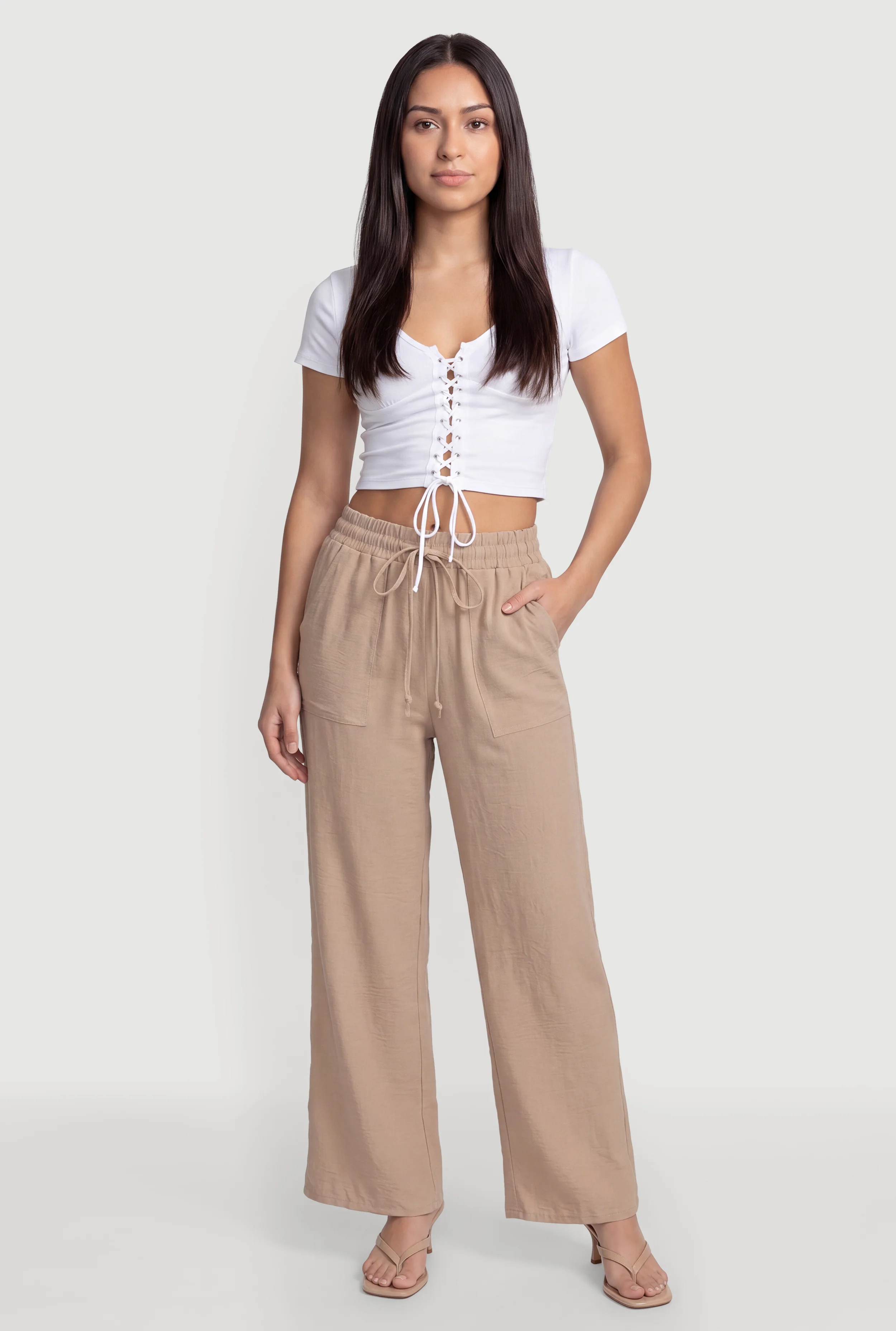 Solid Crepe Knit Drawstring Waist Wide Leg Pants