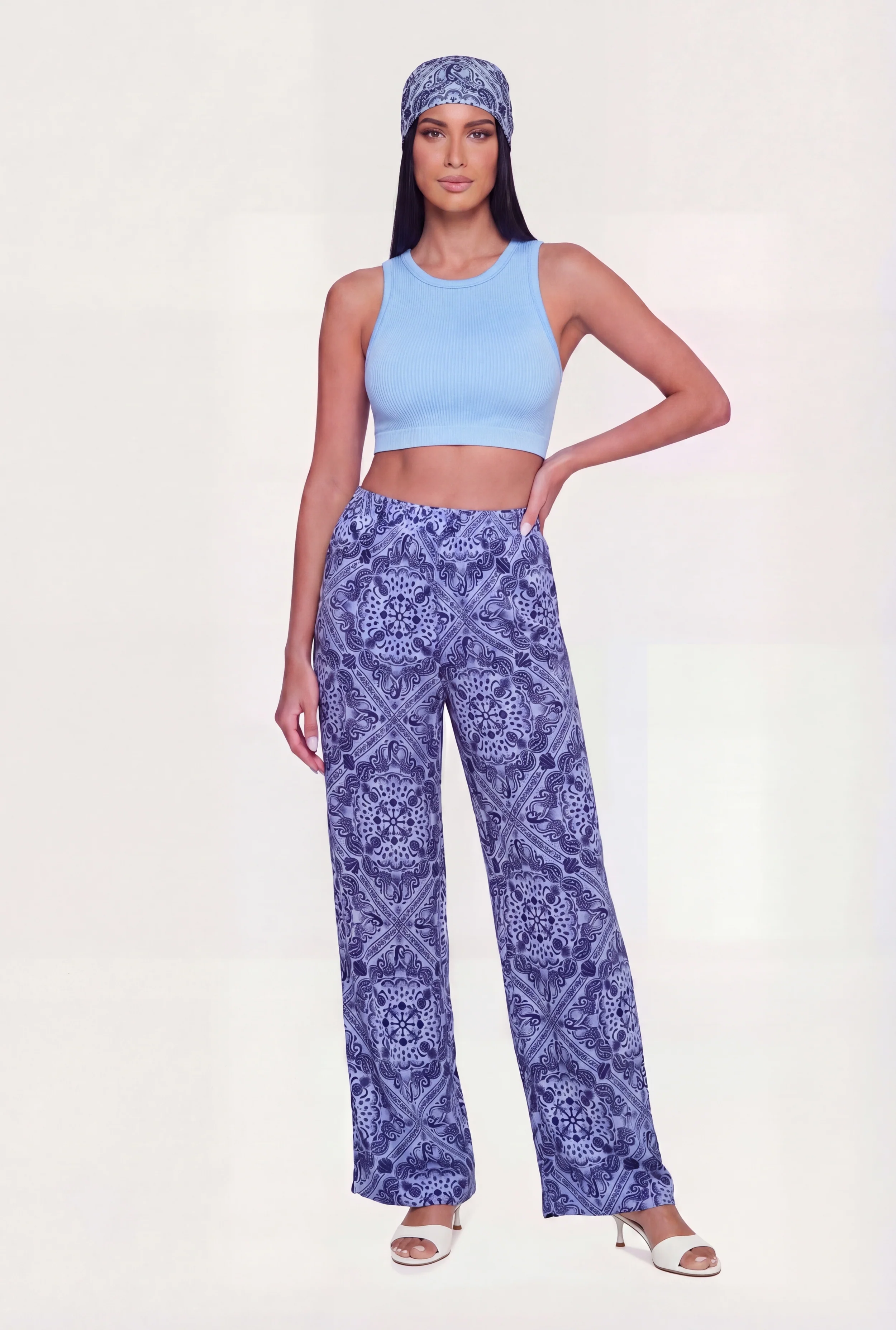 High Waisted Printed Pants with Head Scarf
