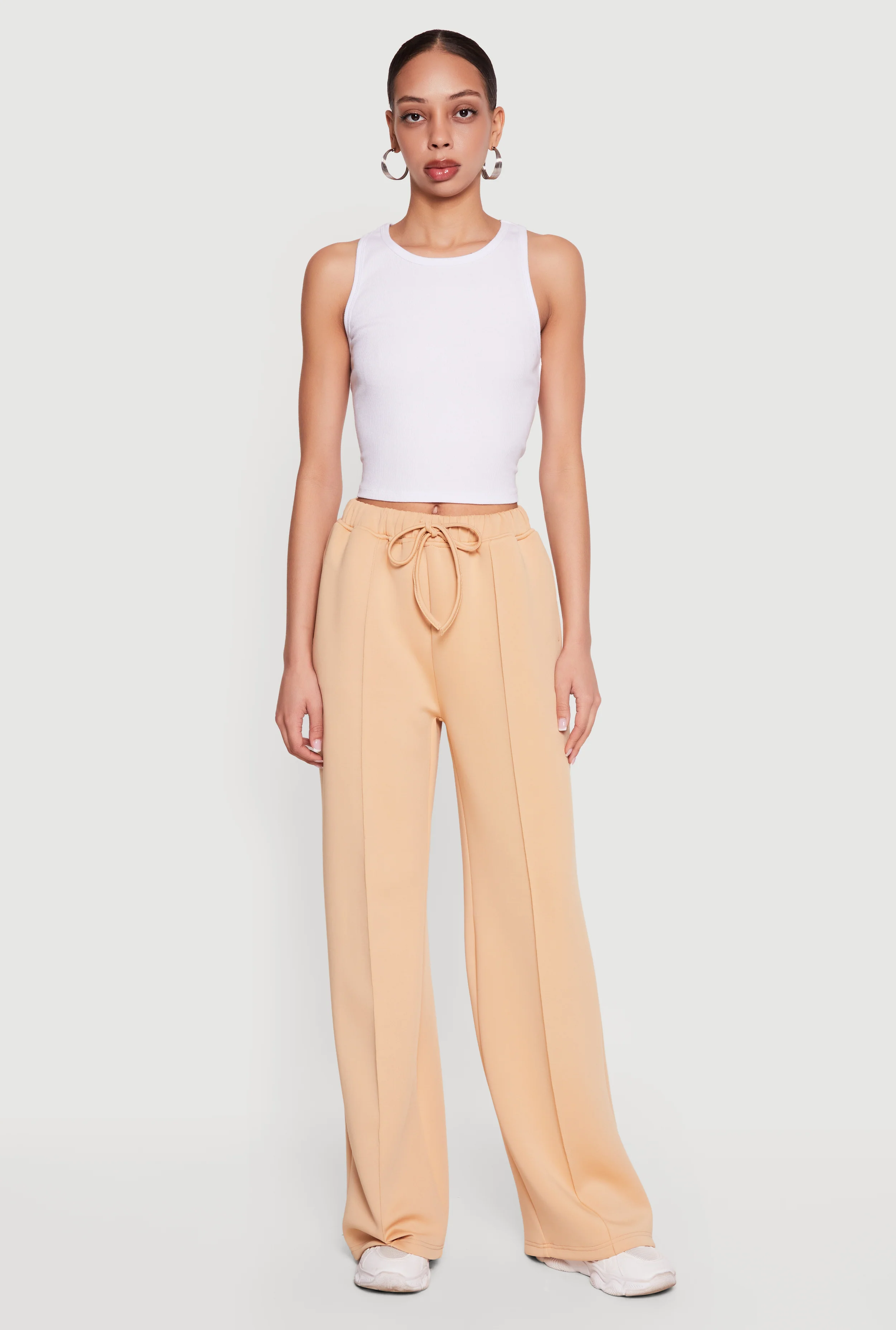 Scuba Drawstring Waist Pintuck Wide Leg Pants