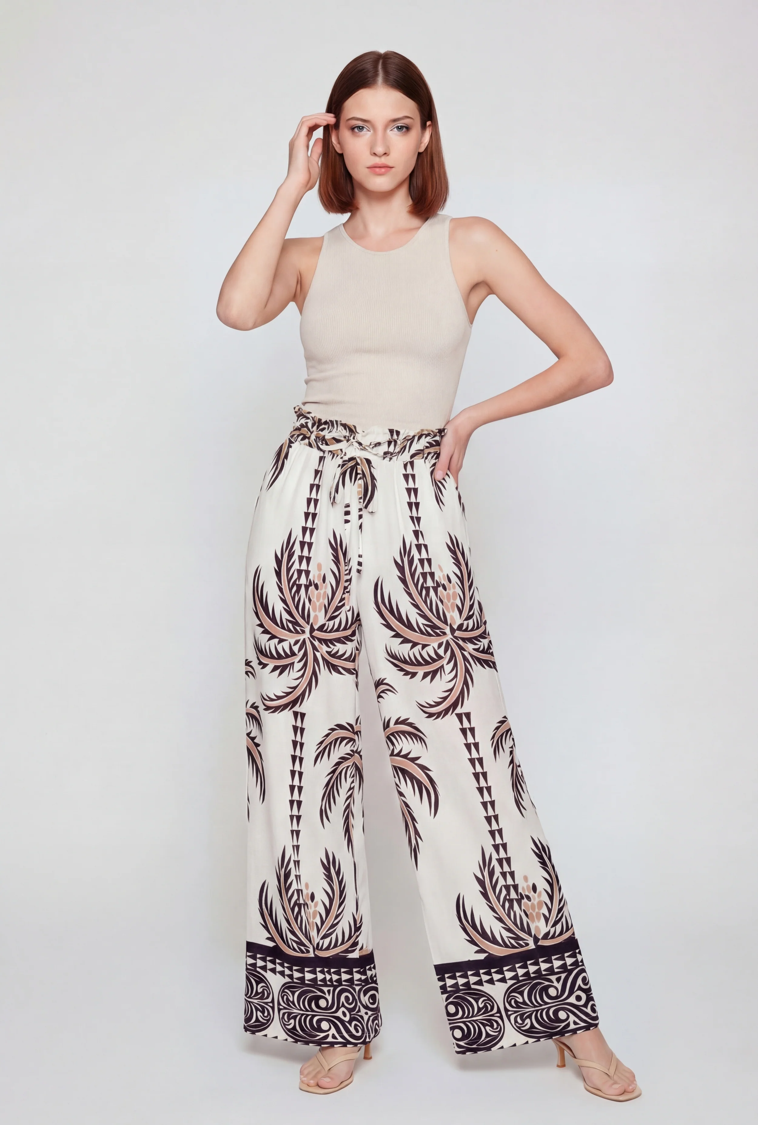 Patterned Paper Bag Waist Wide Leg Pants