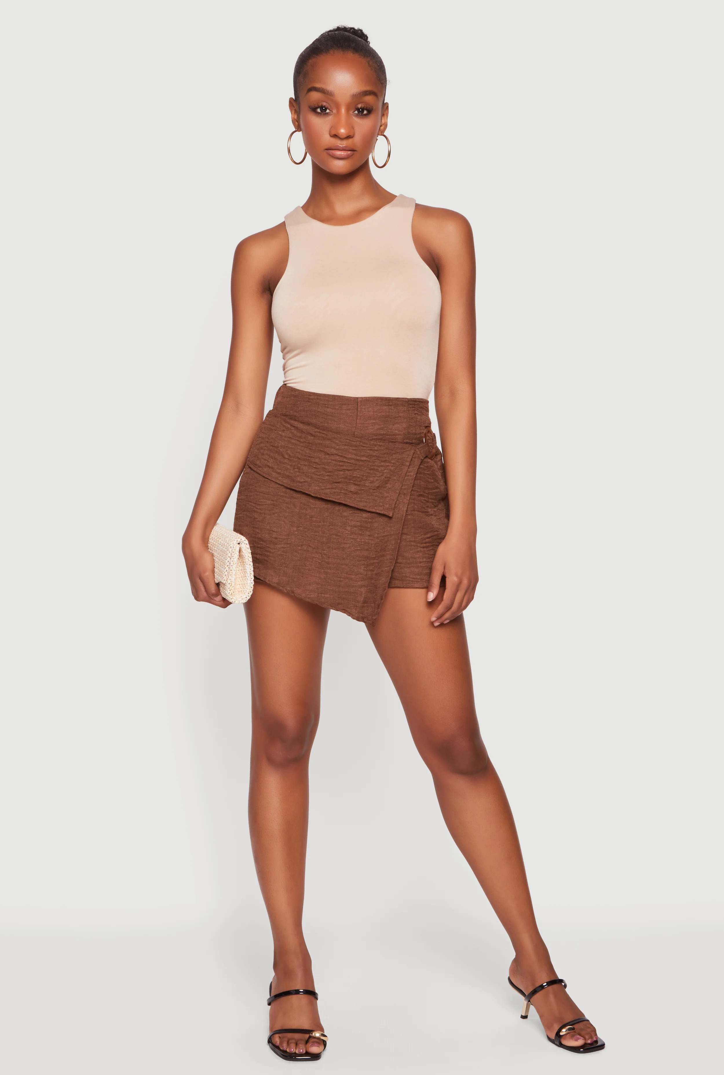Crepe Knit O Ring Fold Over Flap Detail Skort