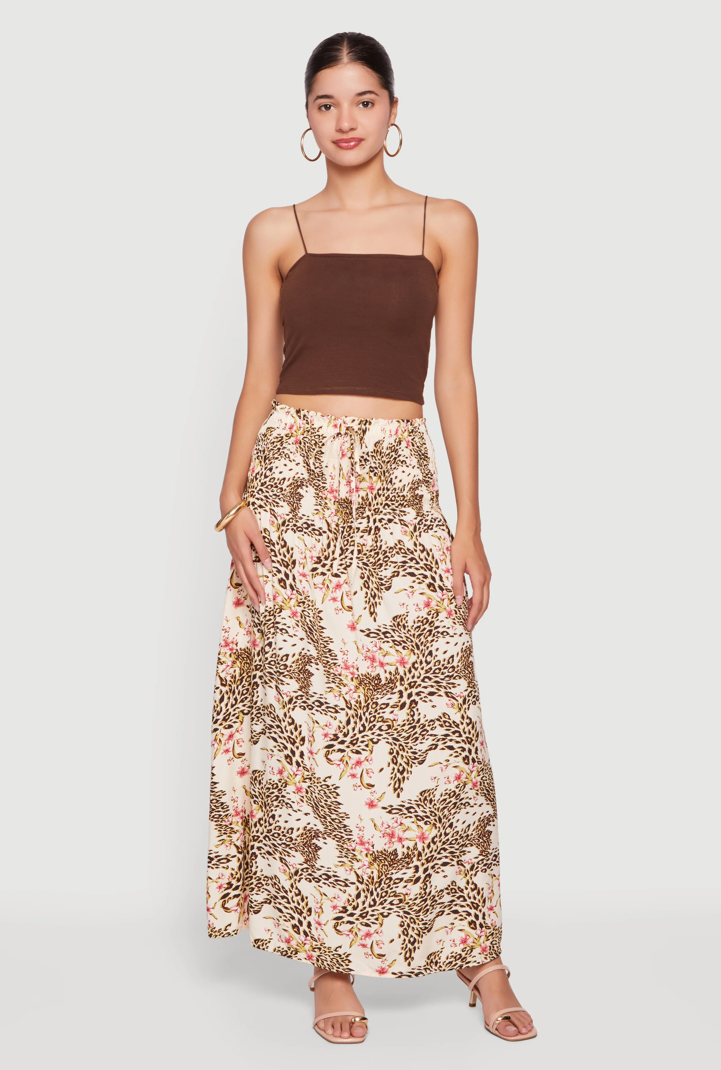 Floral Animal Print Smocked Drop Waist Maxi Skirt