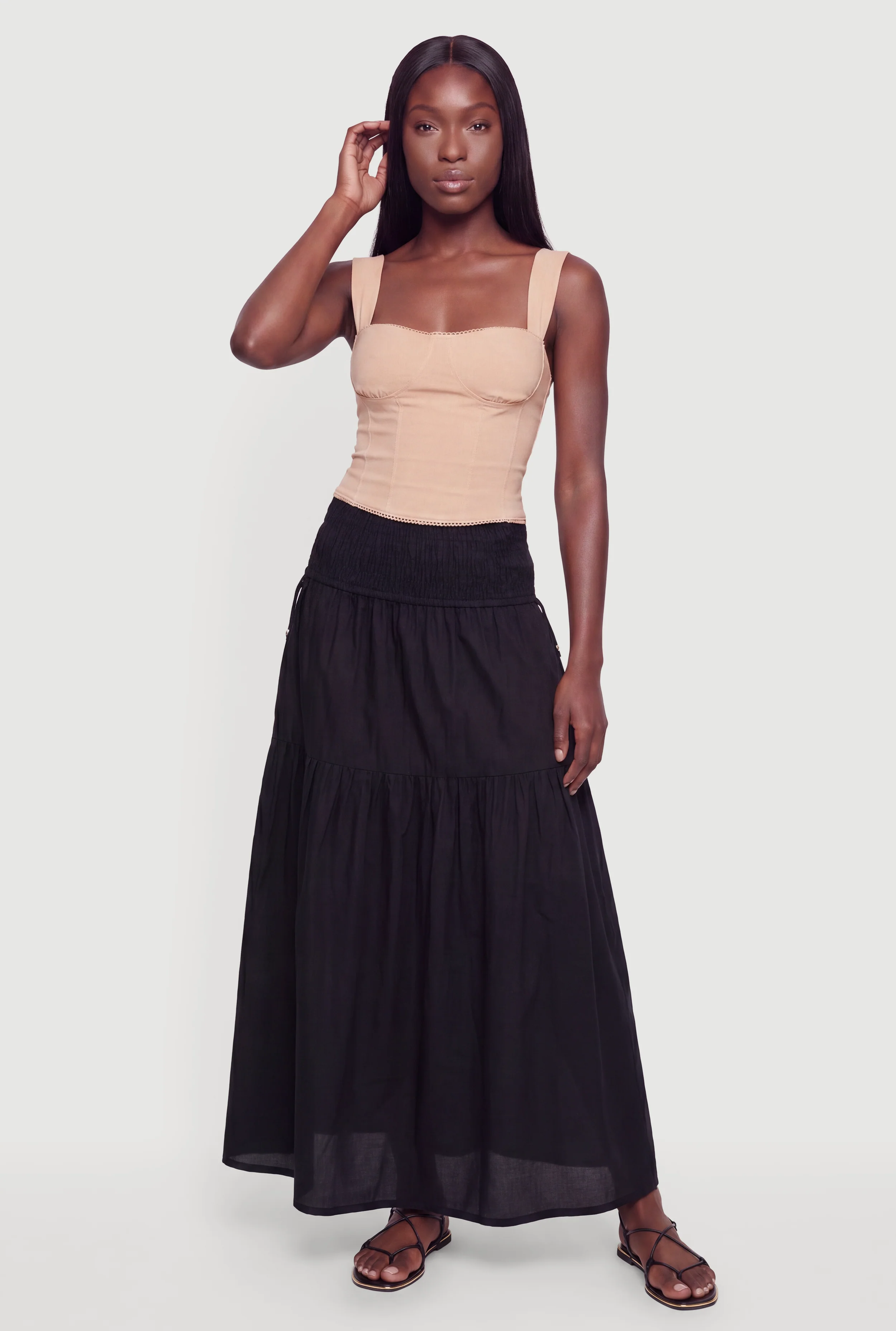 Smocked Drop Waist Ruffle Tiered Maxi Skirt
