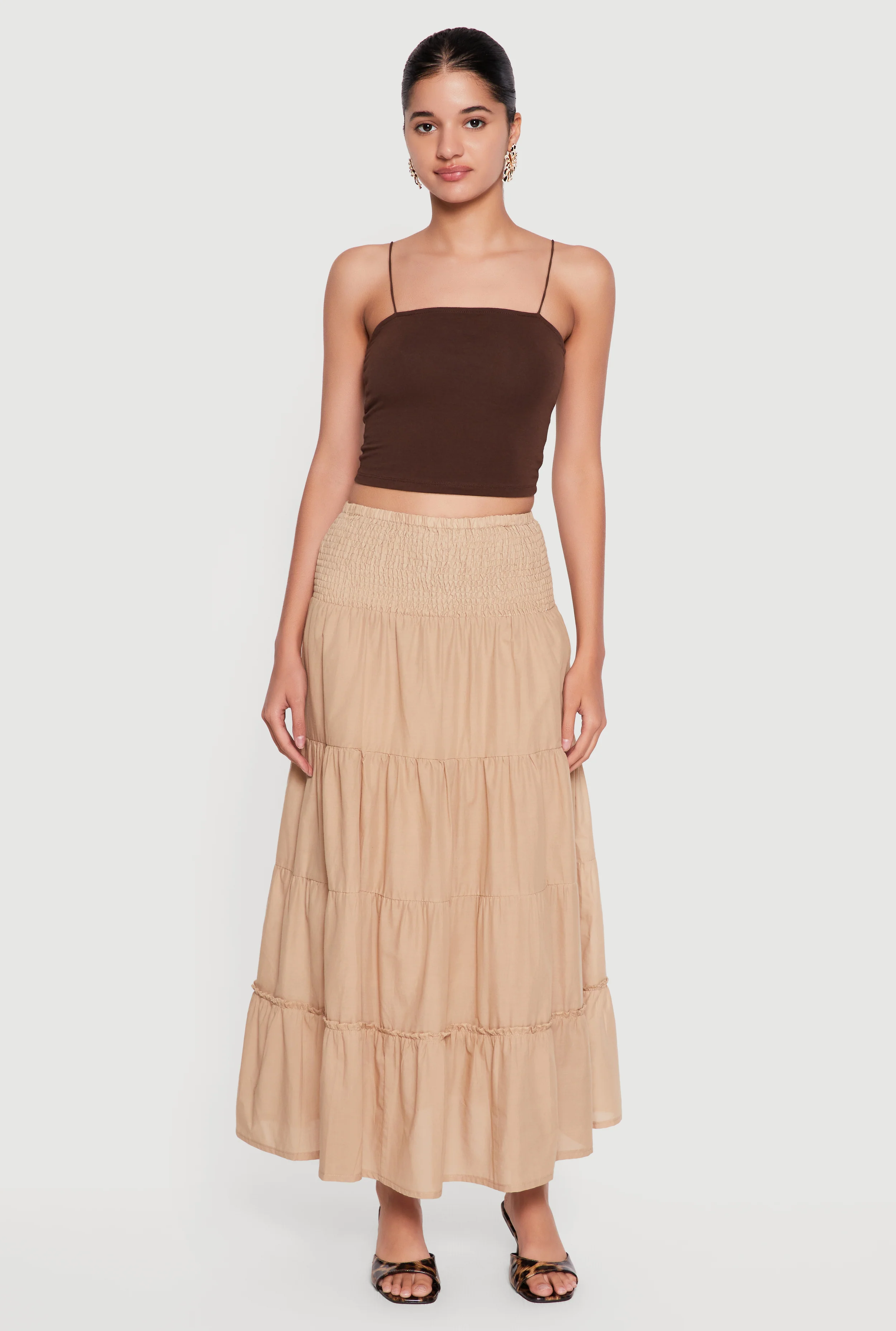 Smocked High Waisted Tiered Ruffle Trim Skirt
