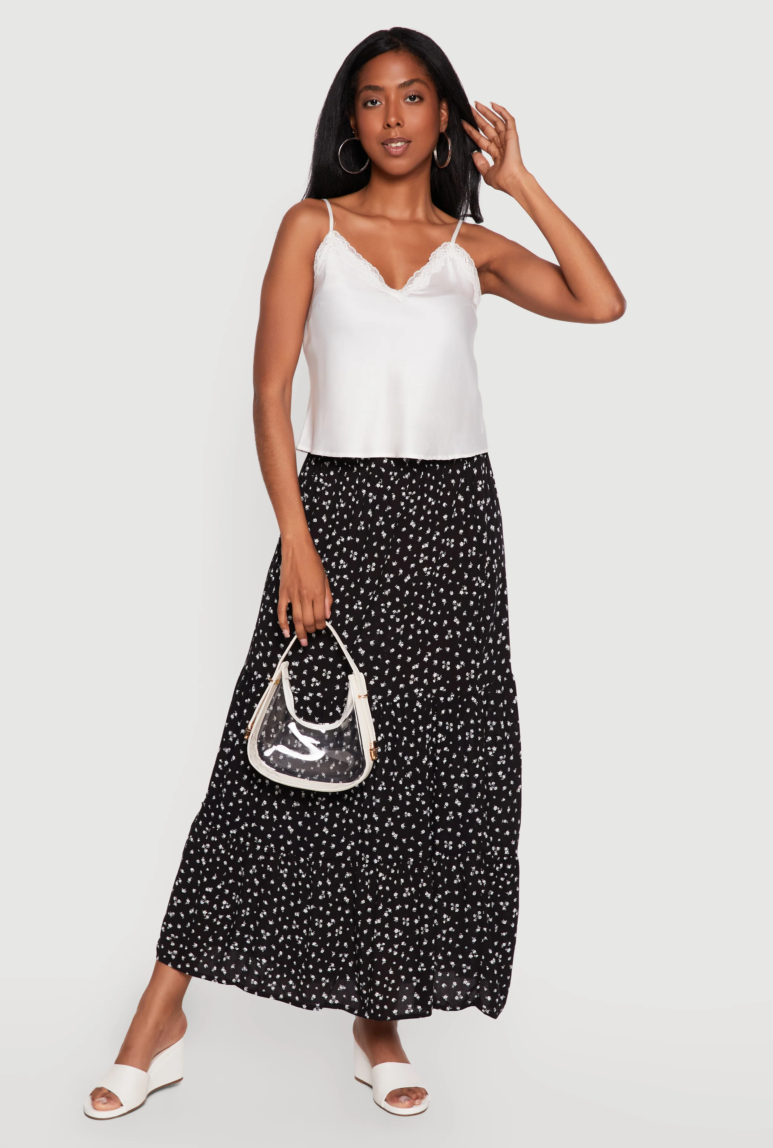 Ditsy Floral High Waisted Tiered Maxi Skirt