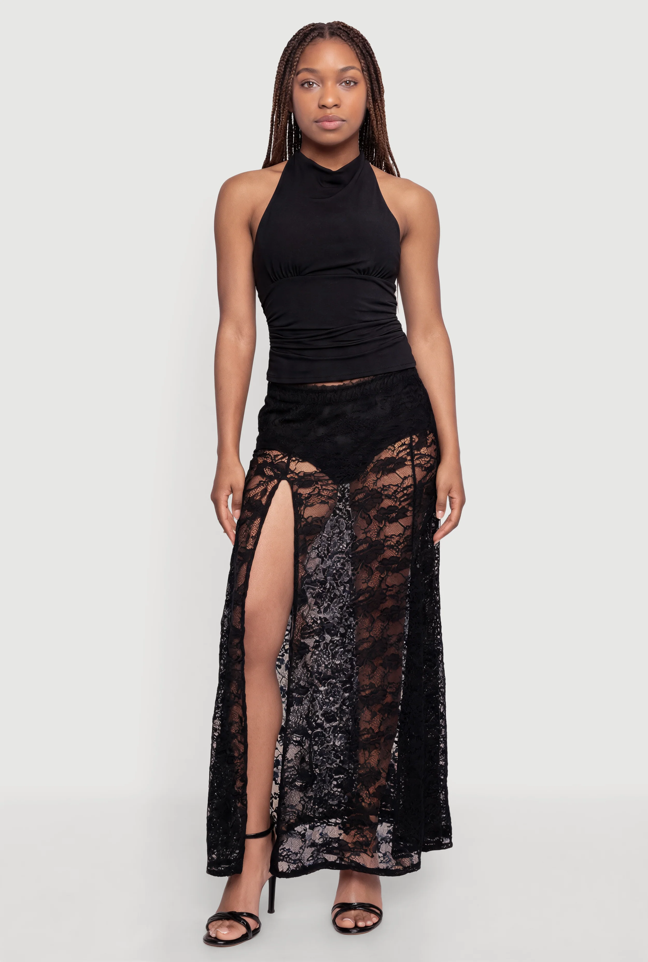 Lace Side Slit Maxi Skirt with Lining