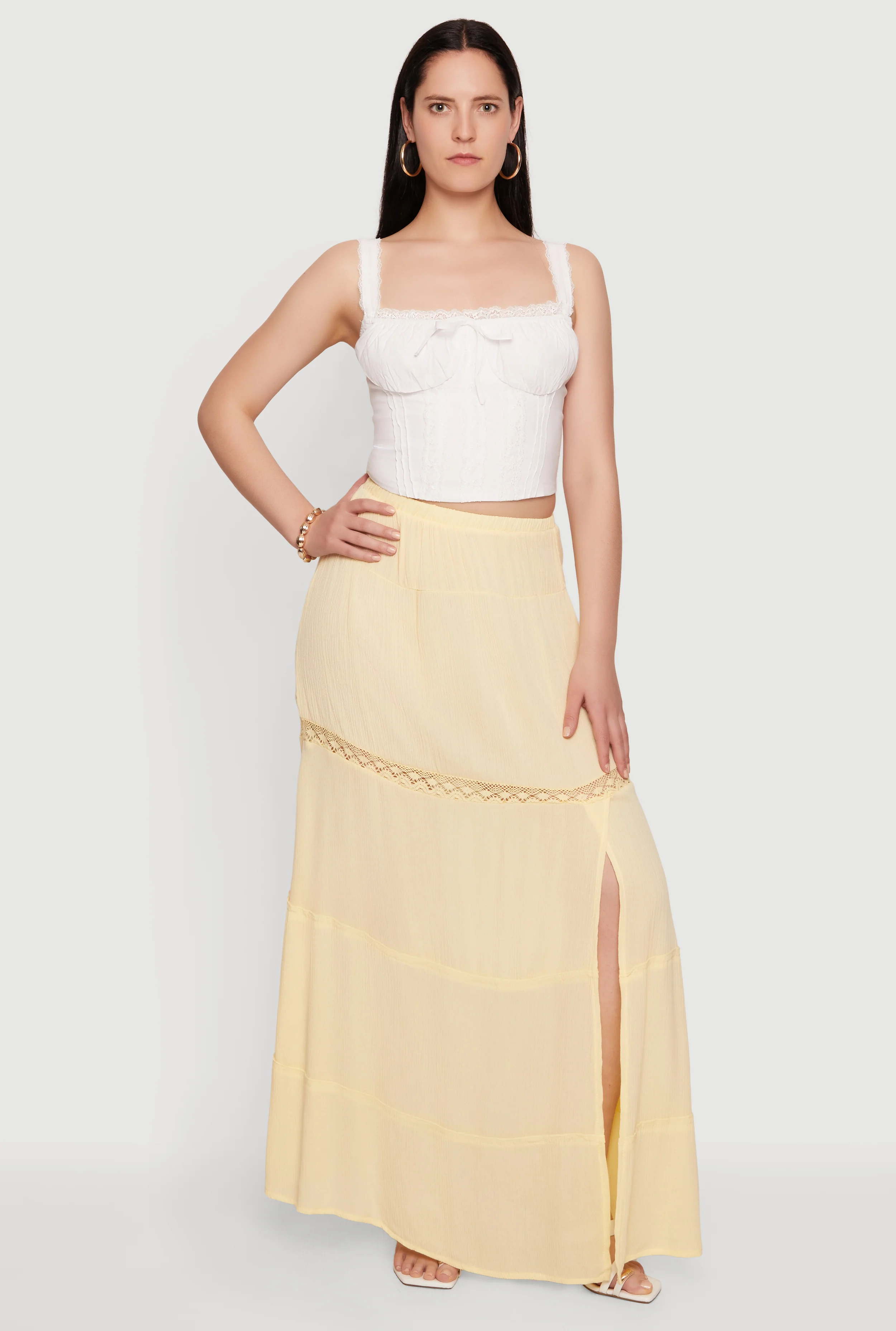 Side Slit Lace Detail Tiered Maxi Skirt