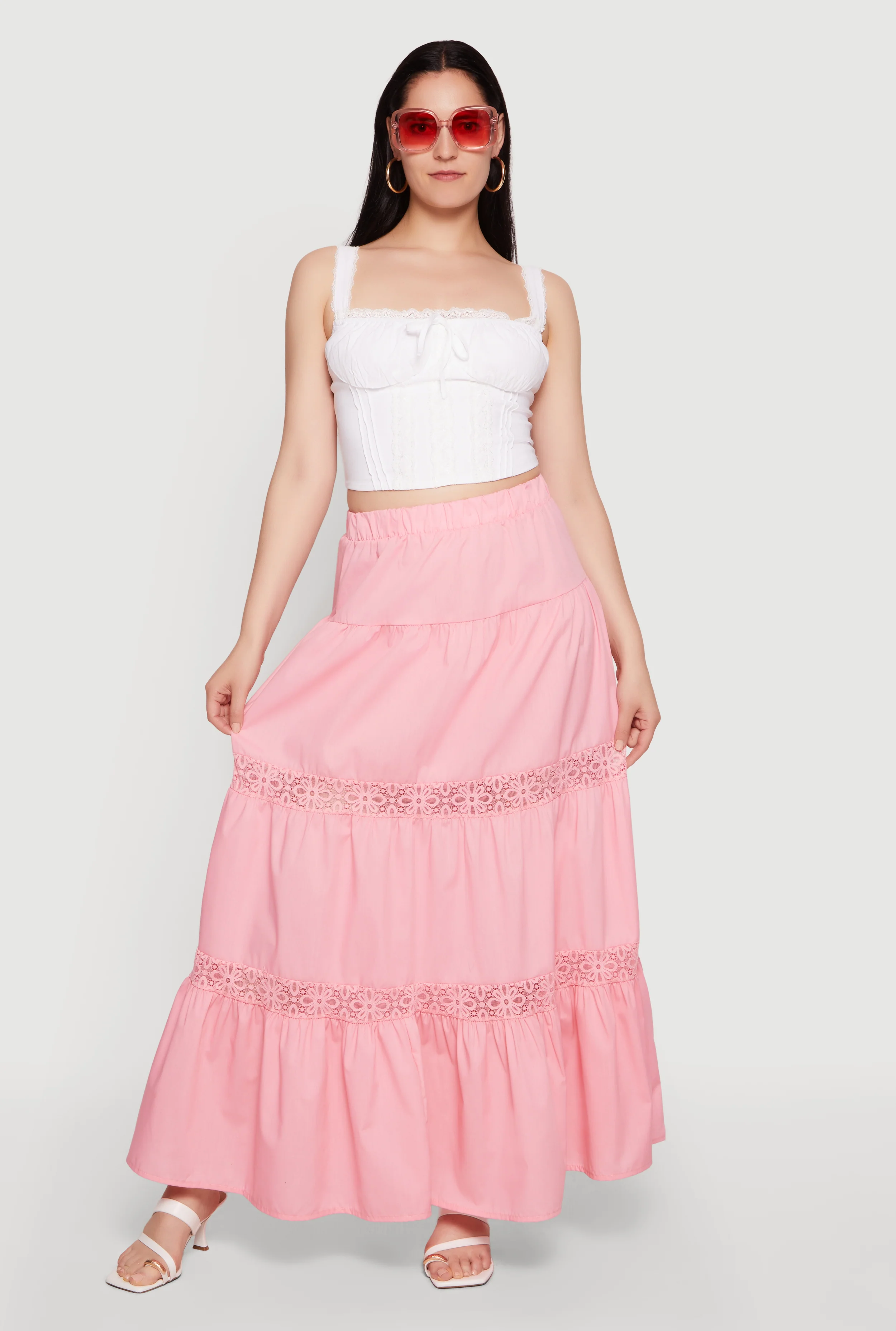 Poplin Lace Insert Tiered Maxi Skirt