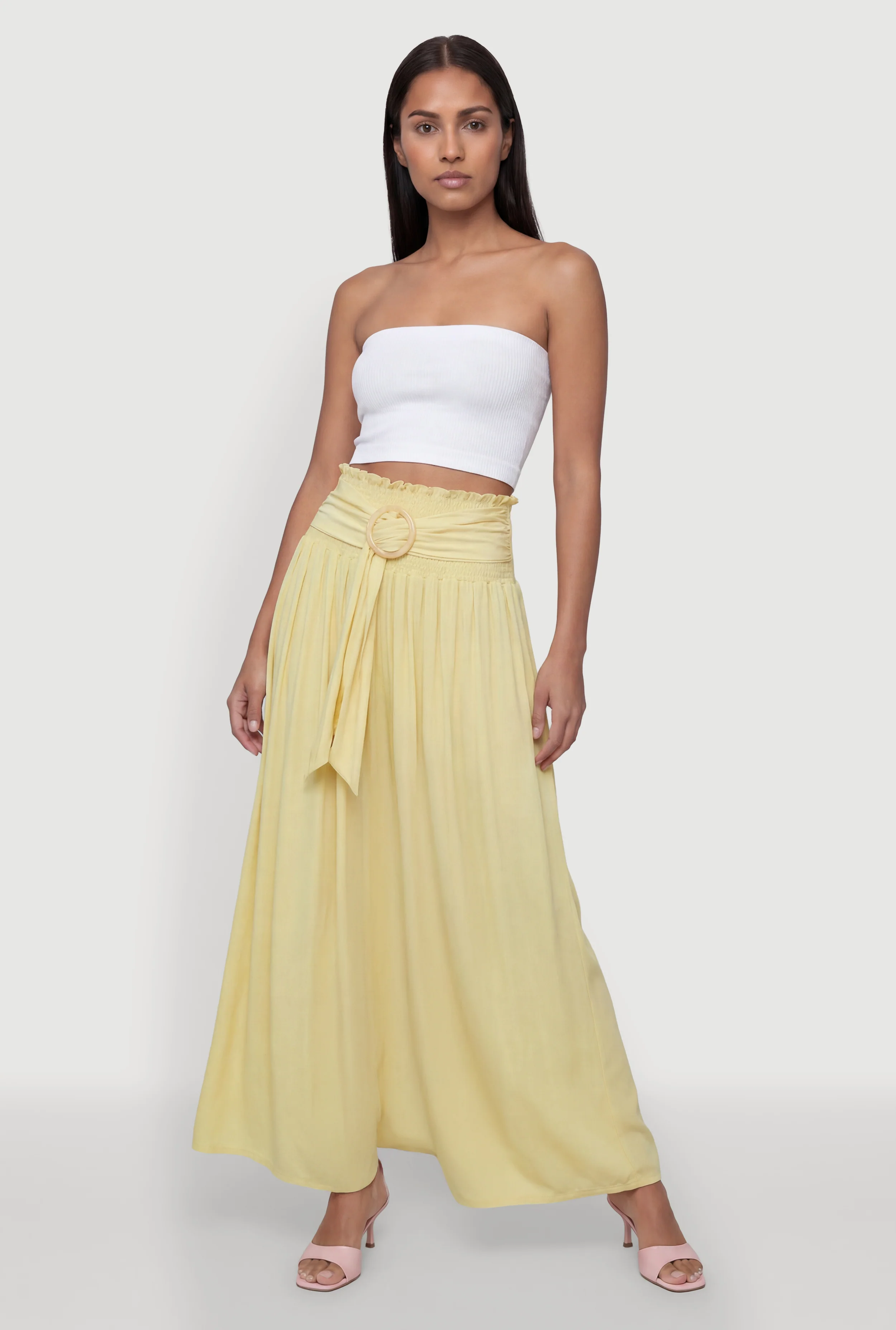 O Ring Tie Waisted Belt Detail Smocked Waist Skirt