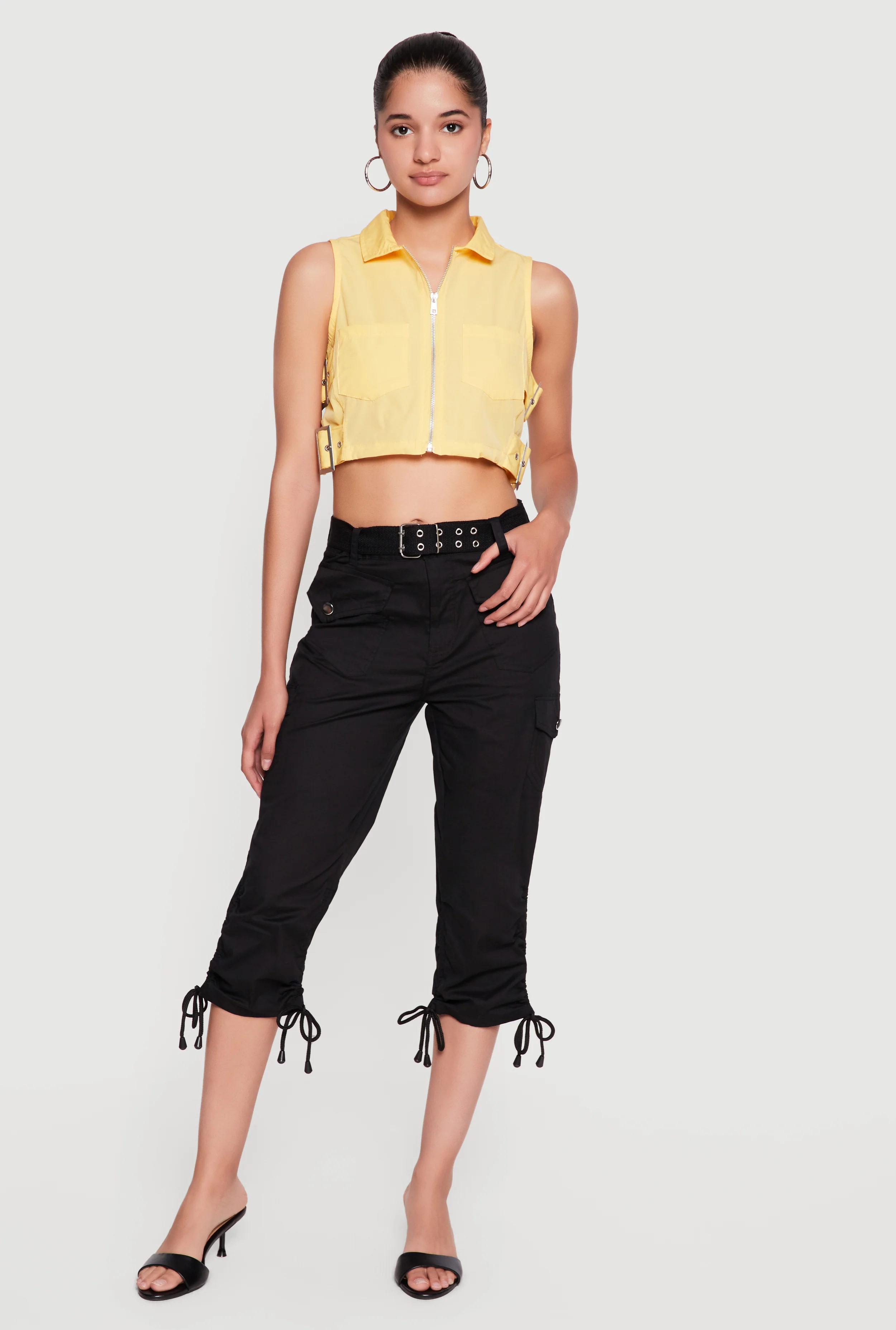 Belted Capri Cargo Pants with Ruched Drawstring Hem