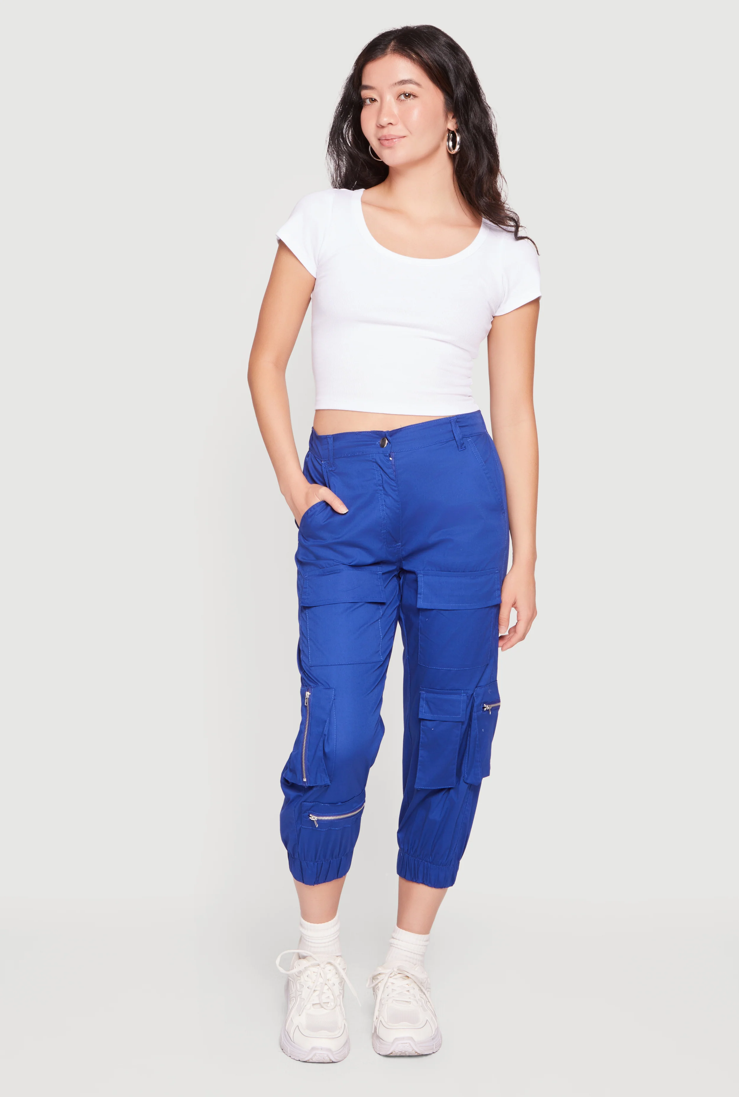 Poplin Zipper Detail High Waisted Cargo Capris Pants