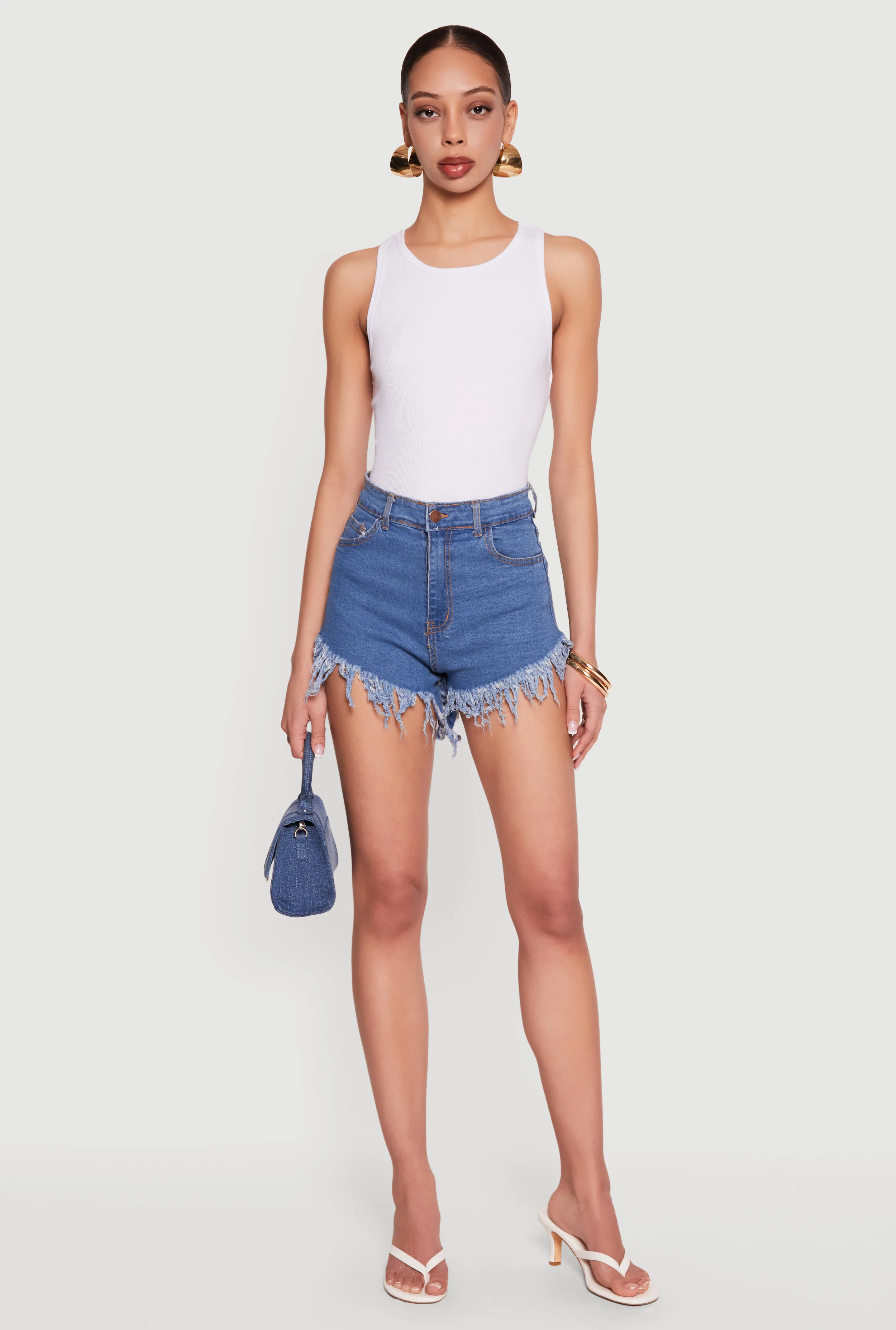 High Waisted Fringe Hem Denim Shorts
