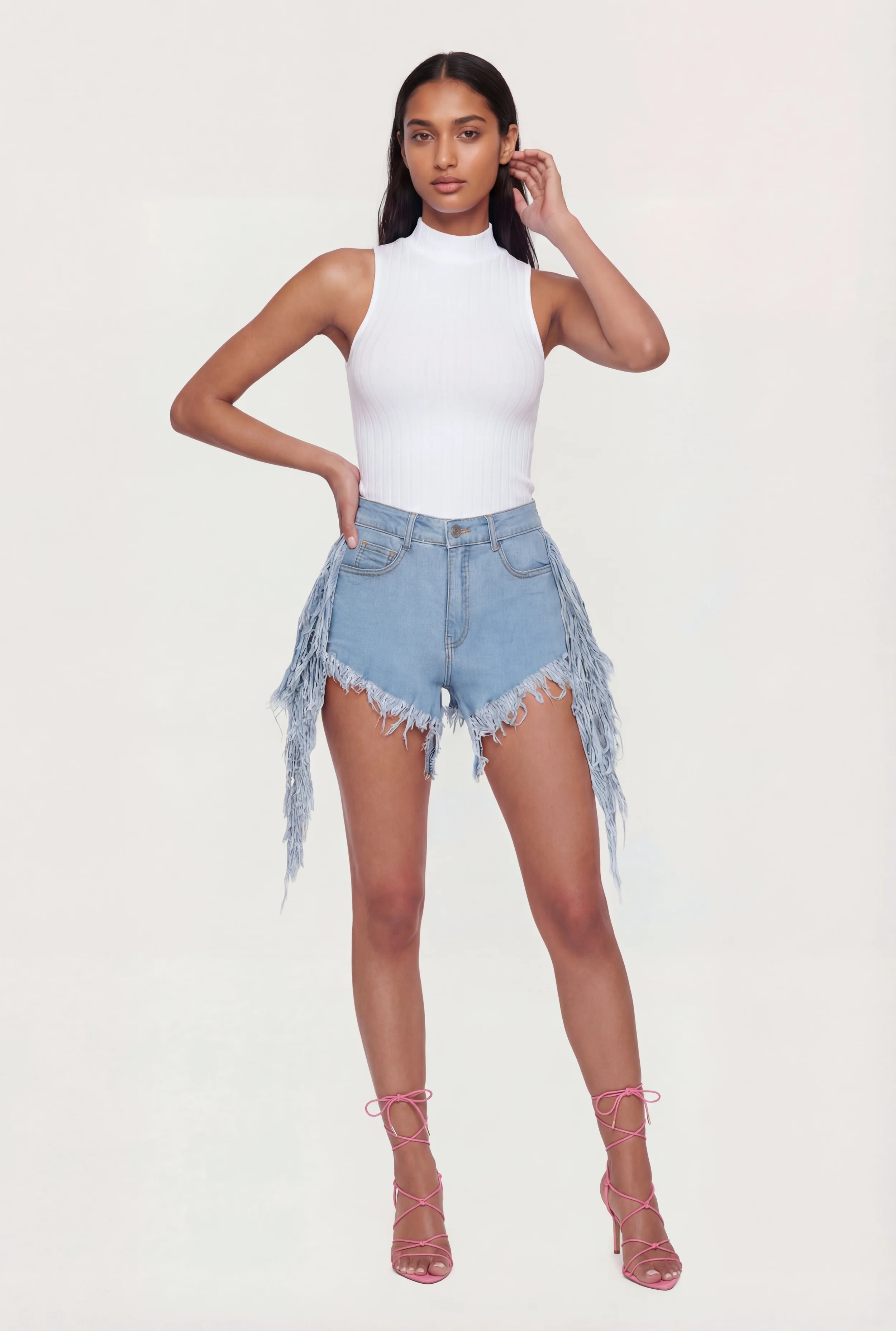 Fringe Hem and Side Denim Shorts