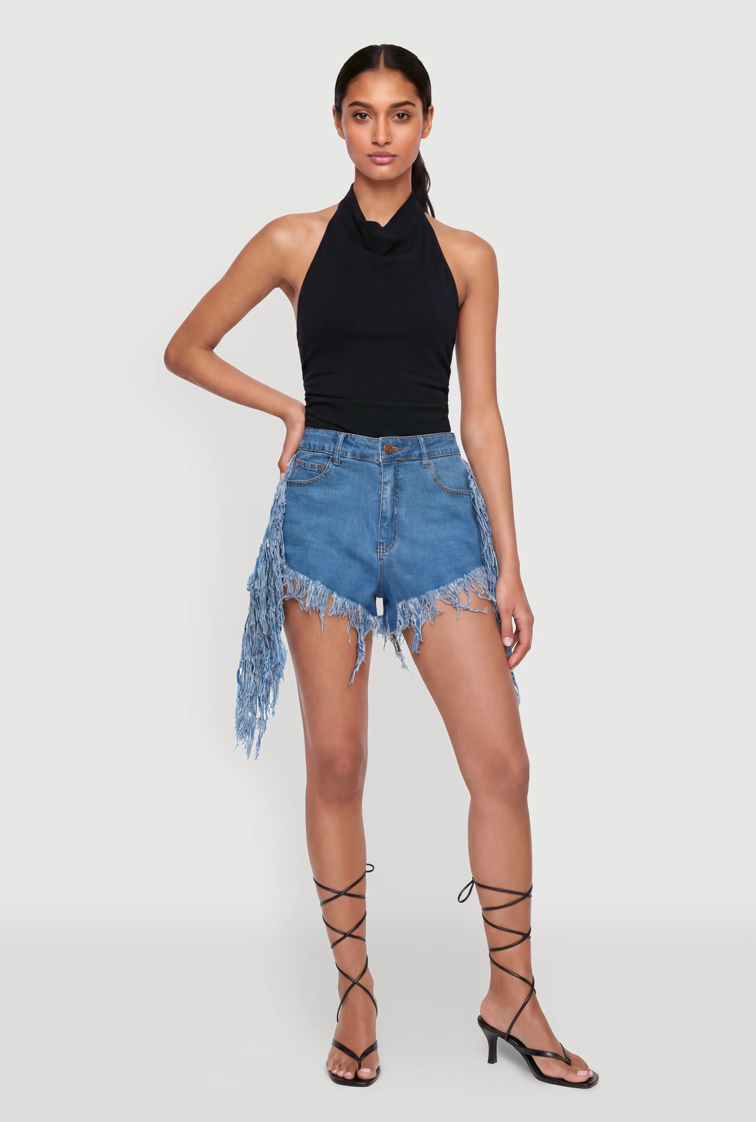Fringe Hem and Side Denim Shorts