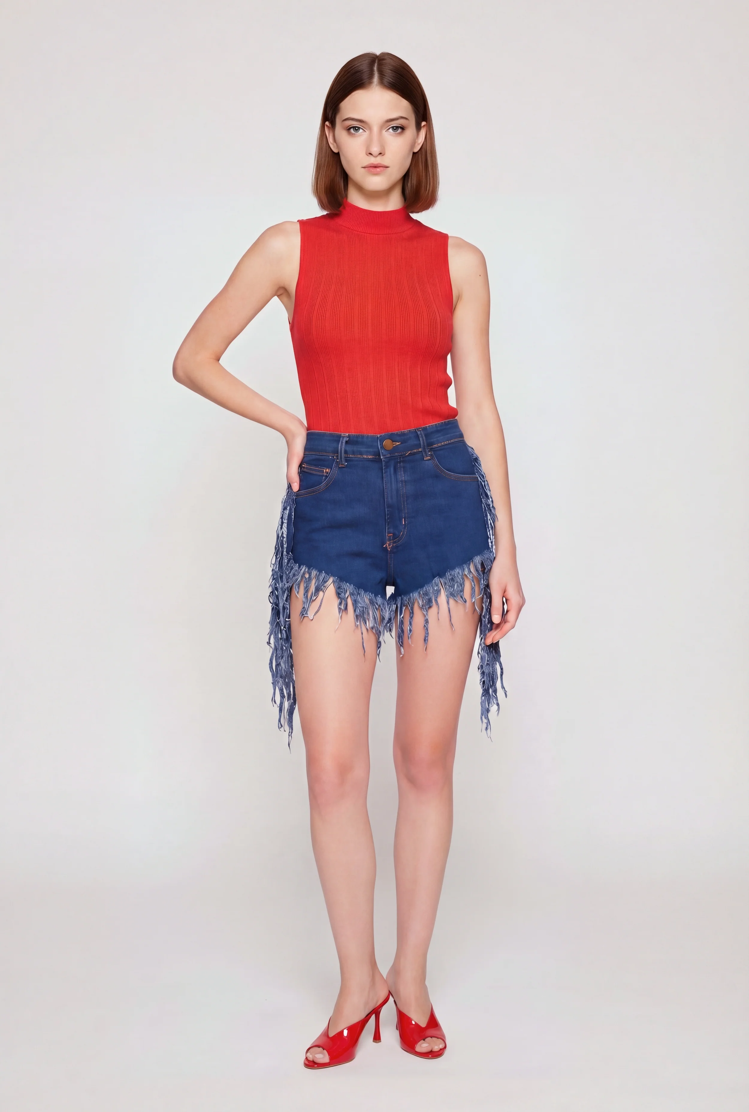 Fringe Hem and Side Denim Shorts