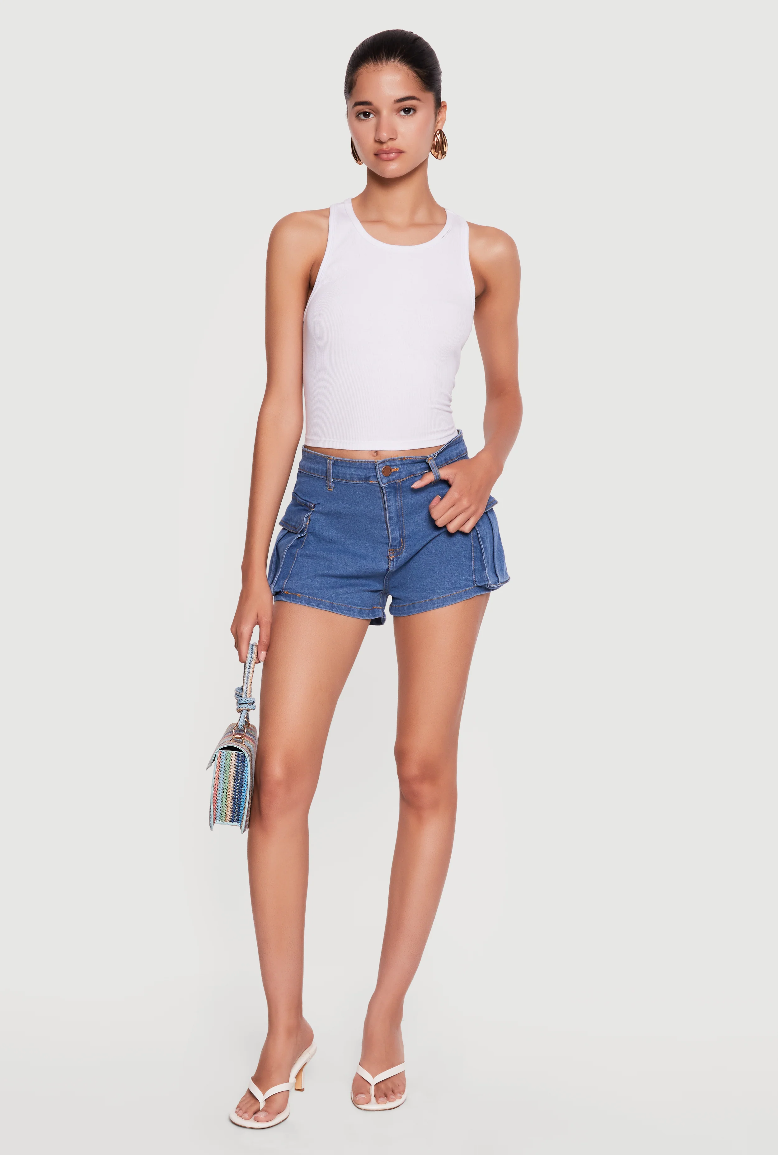 Solid Denim Cargo Shorts
