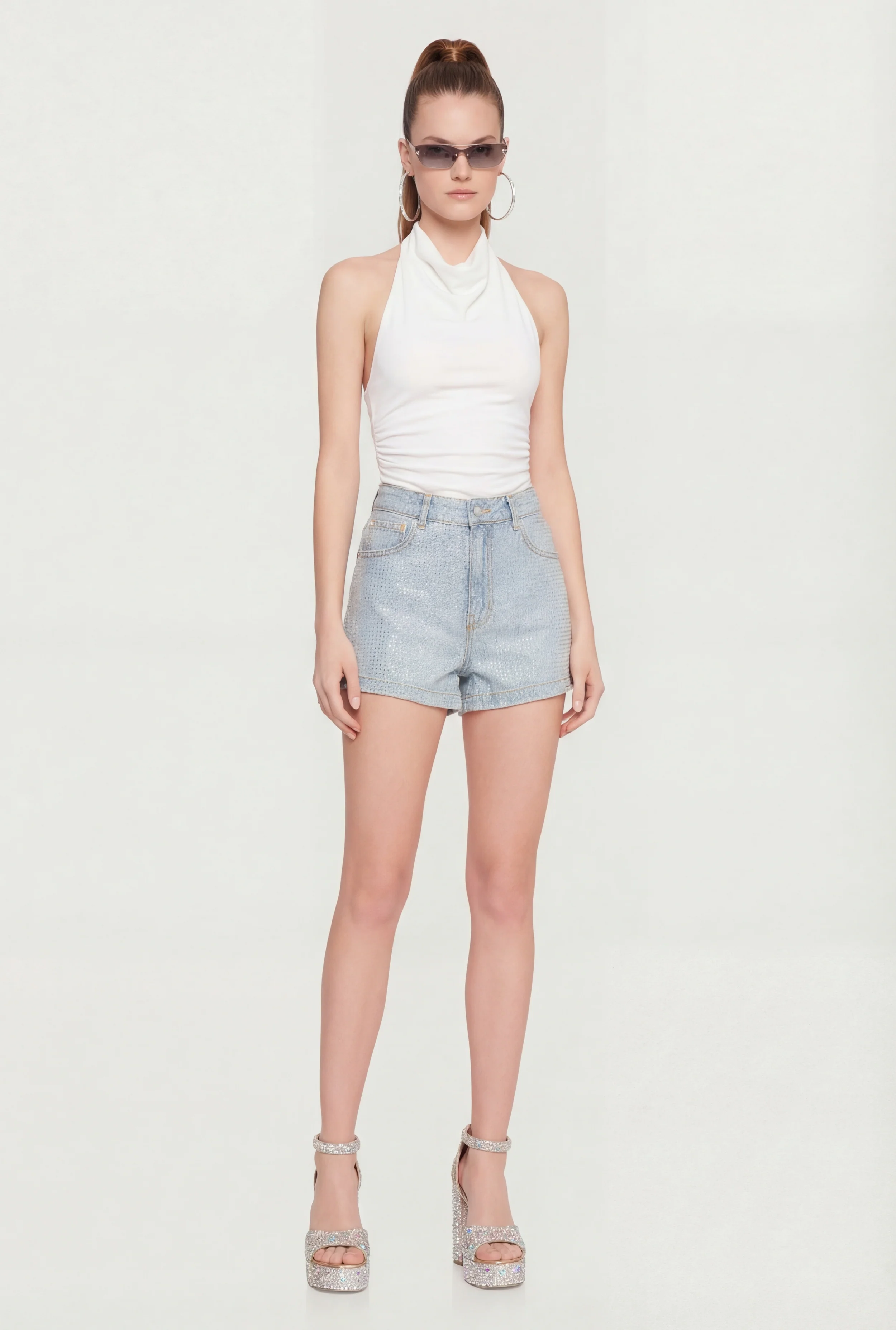 Rhinestone Studded Denim Shorts