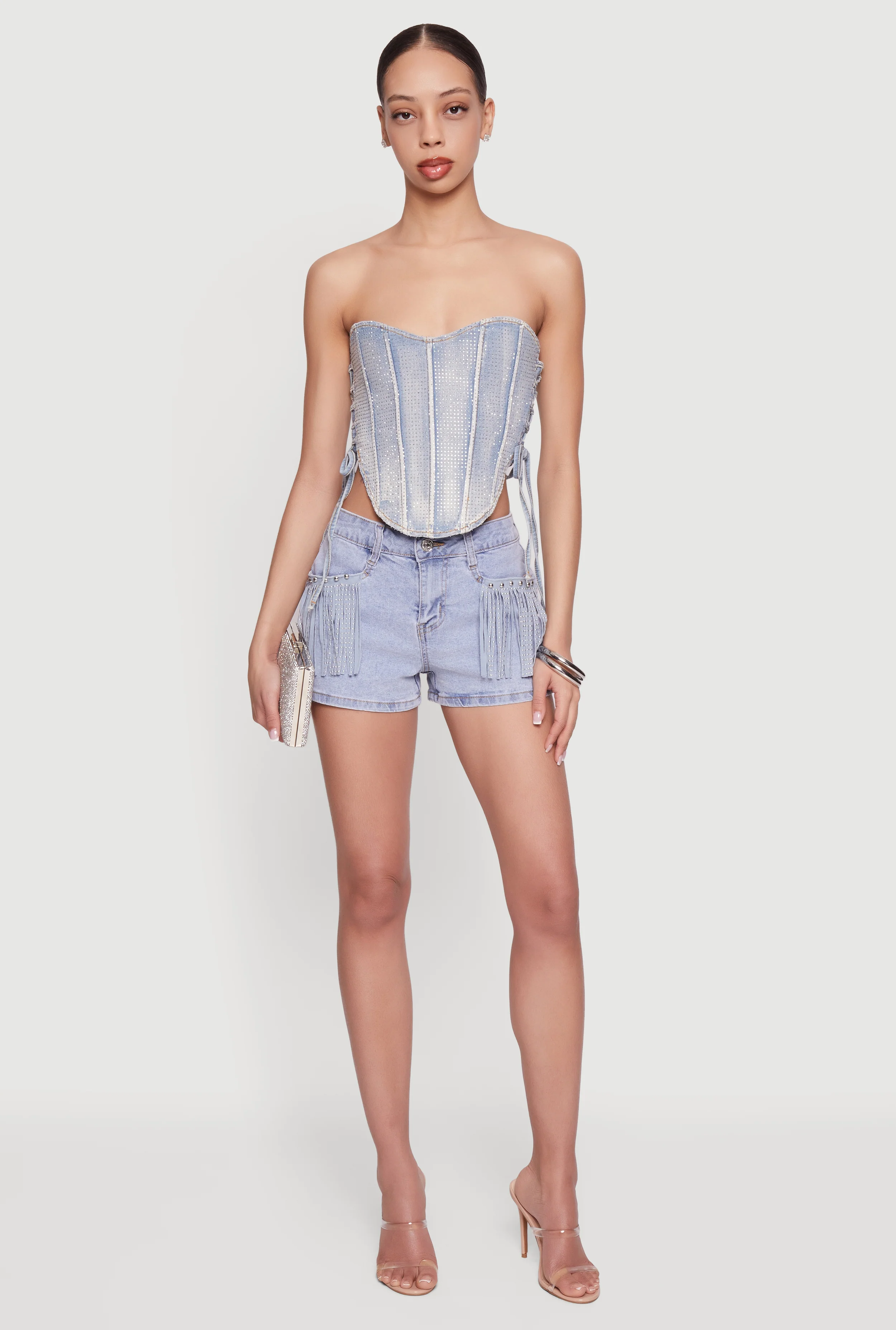 Almost Famous Studded Fringe Detail Denim Shorts