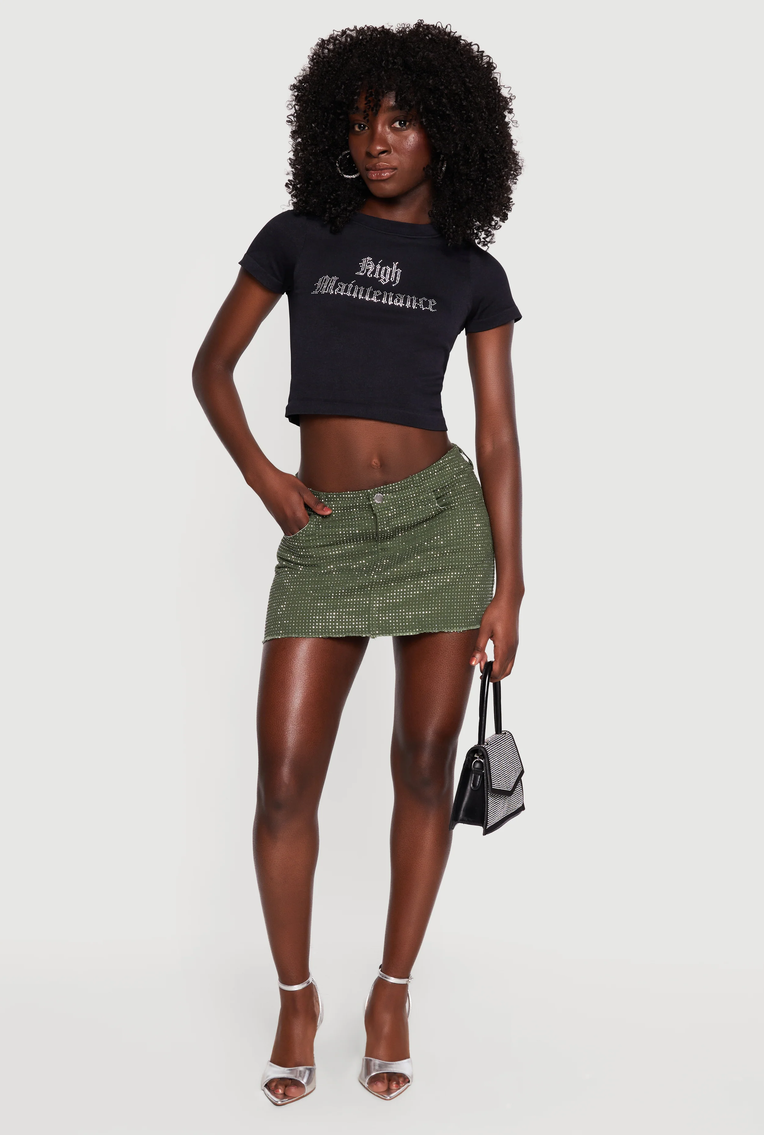 Rhinestone Denim Frayed Hem Micro Skirt