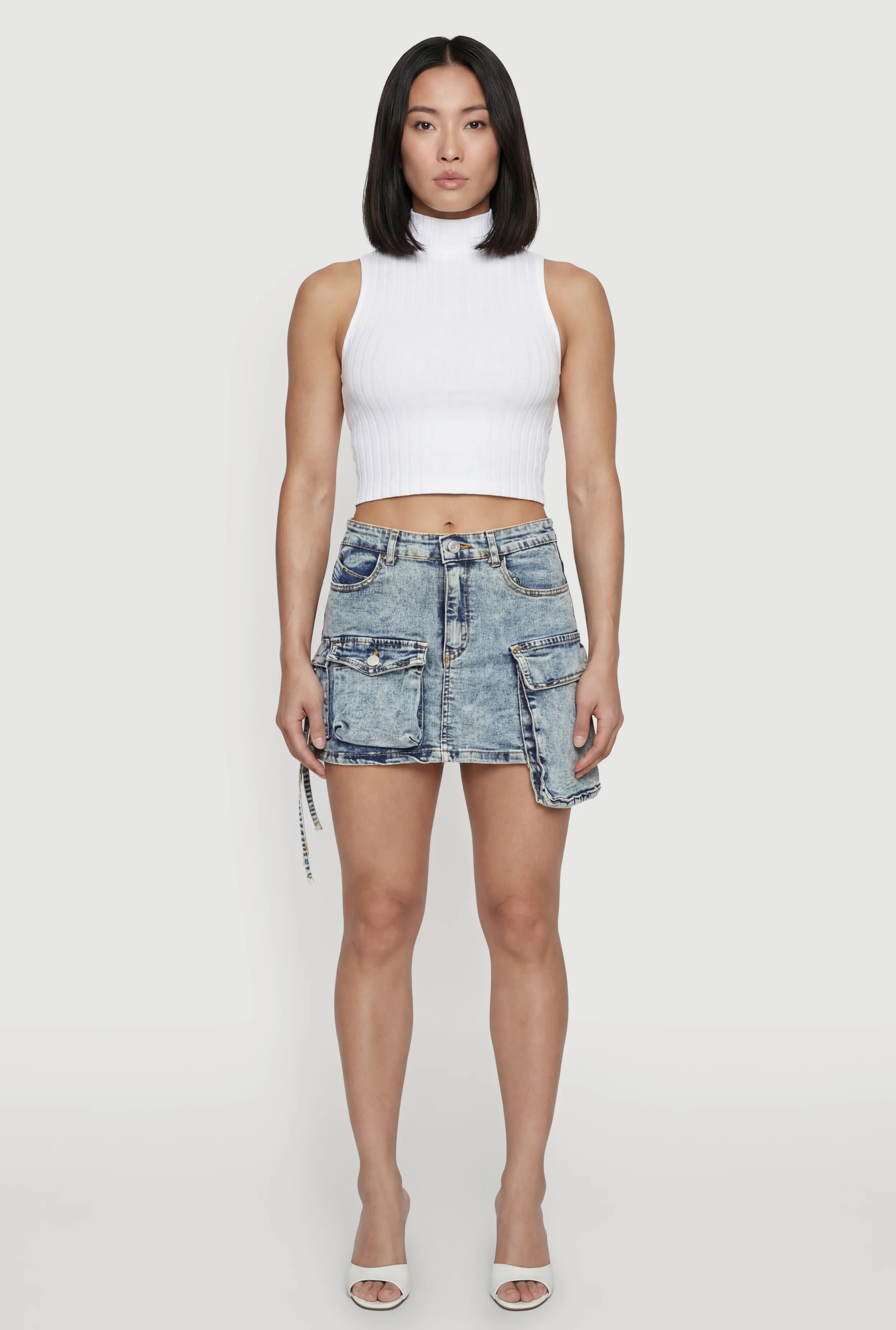 Acid Wash Denim Mini Utility Skirt