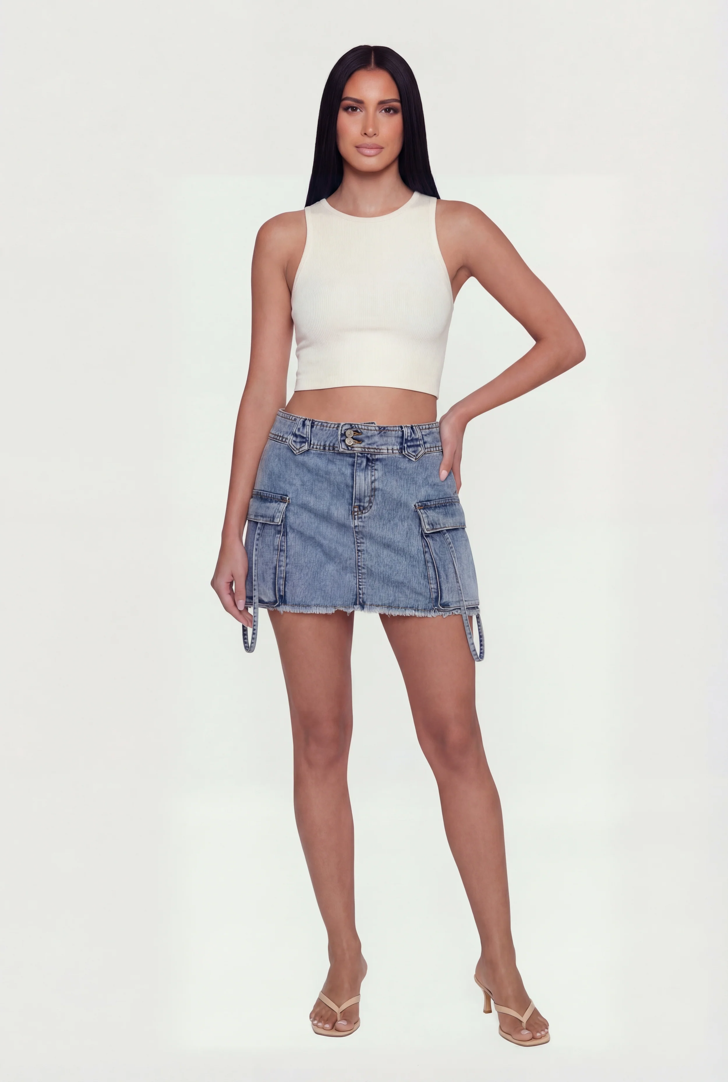 Almost Famous Denim Frayed Hem Cargo Skirt