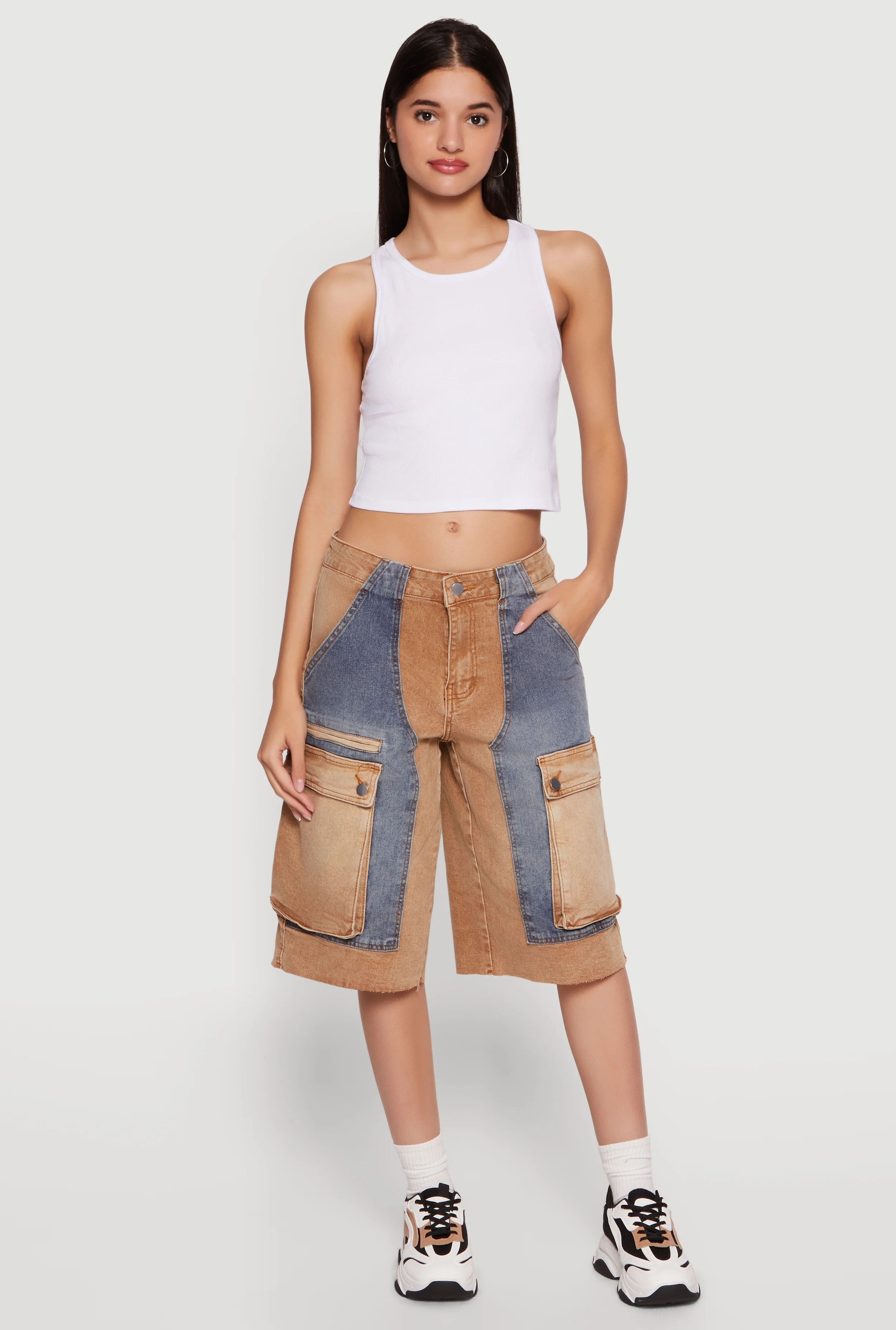 Color Blocked Cargo Bermuda Denim Shorts