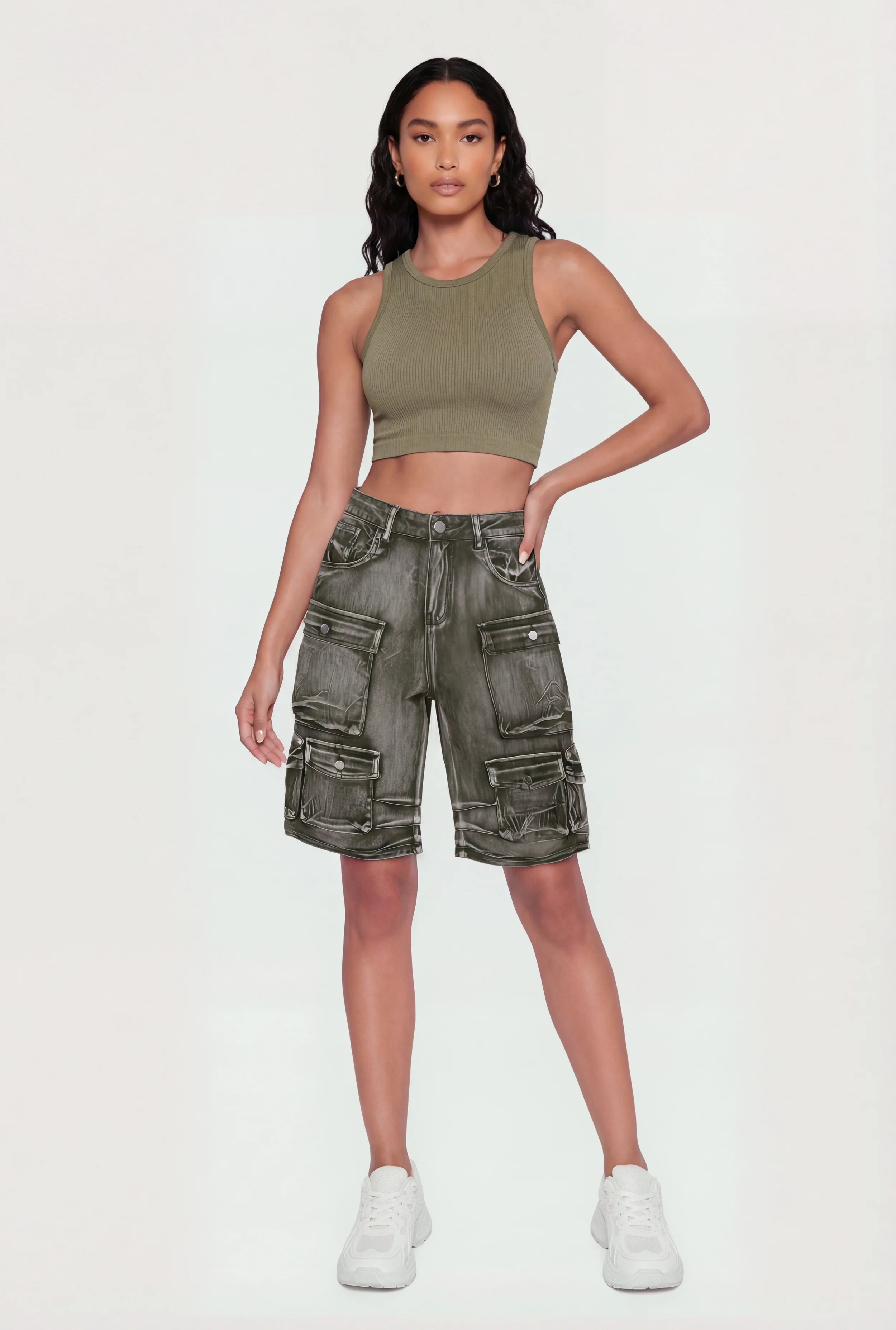 Denim High Waisted Cargo Bermuda Shorts