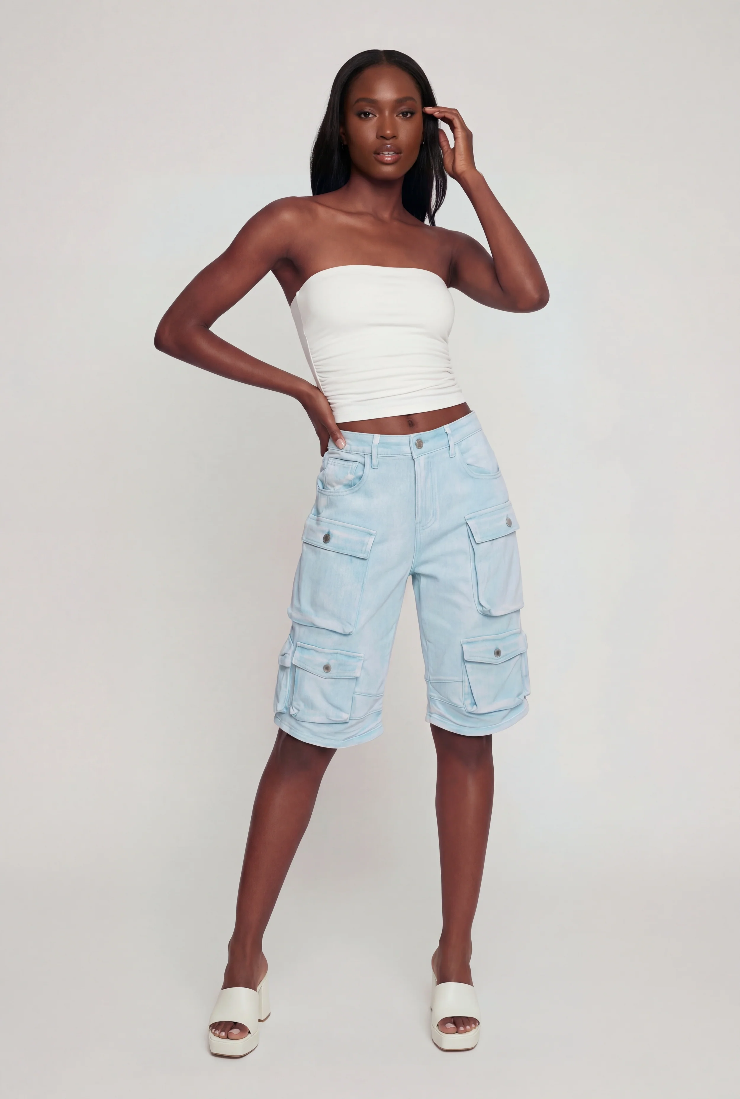 Denim High Waisted Cargo Bermuda Shorts