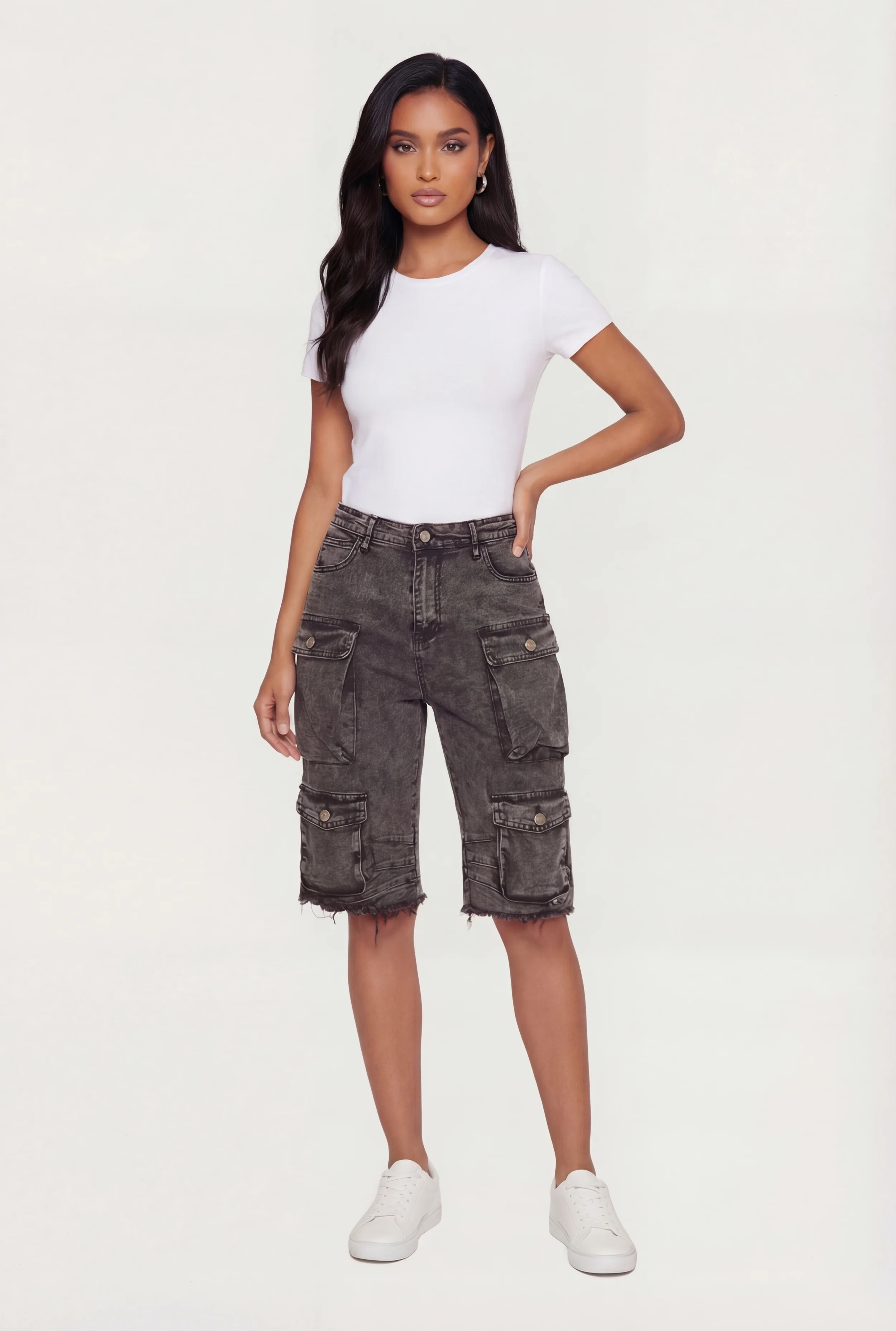 Acid Wash Frayed Hem Cargo Bermuda Shorts