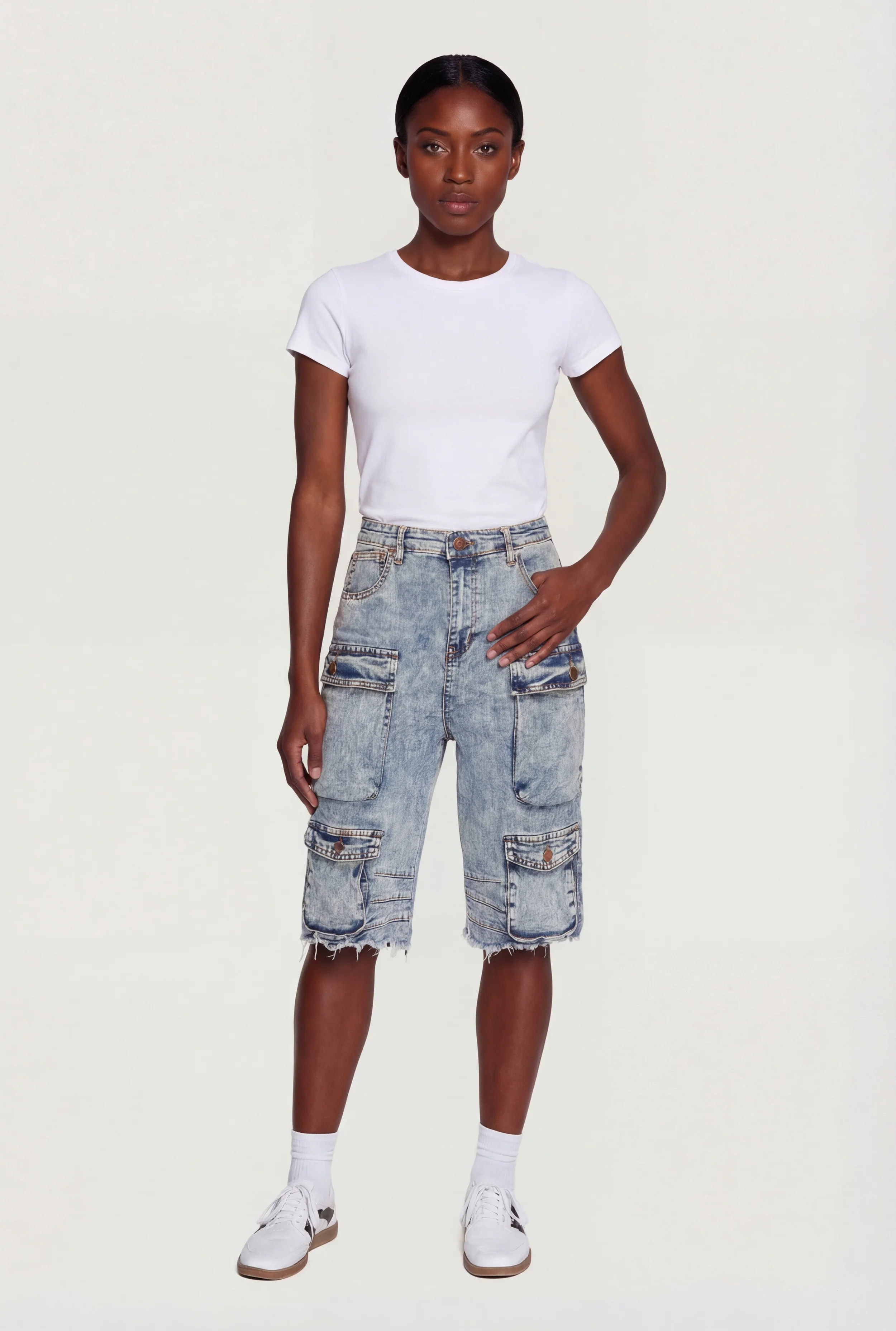 Acid Wash Frayed Hem Cargo Bermuda Shorts