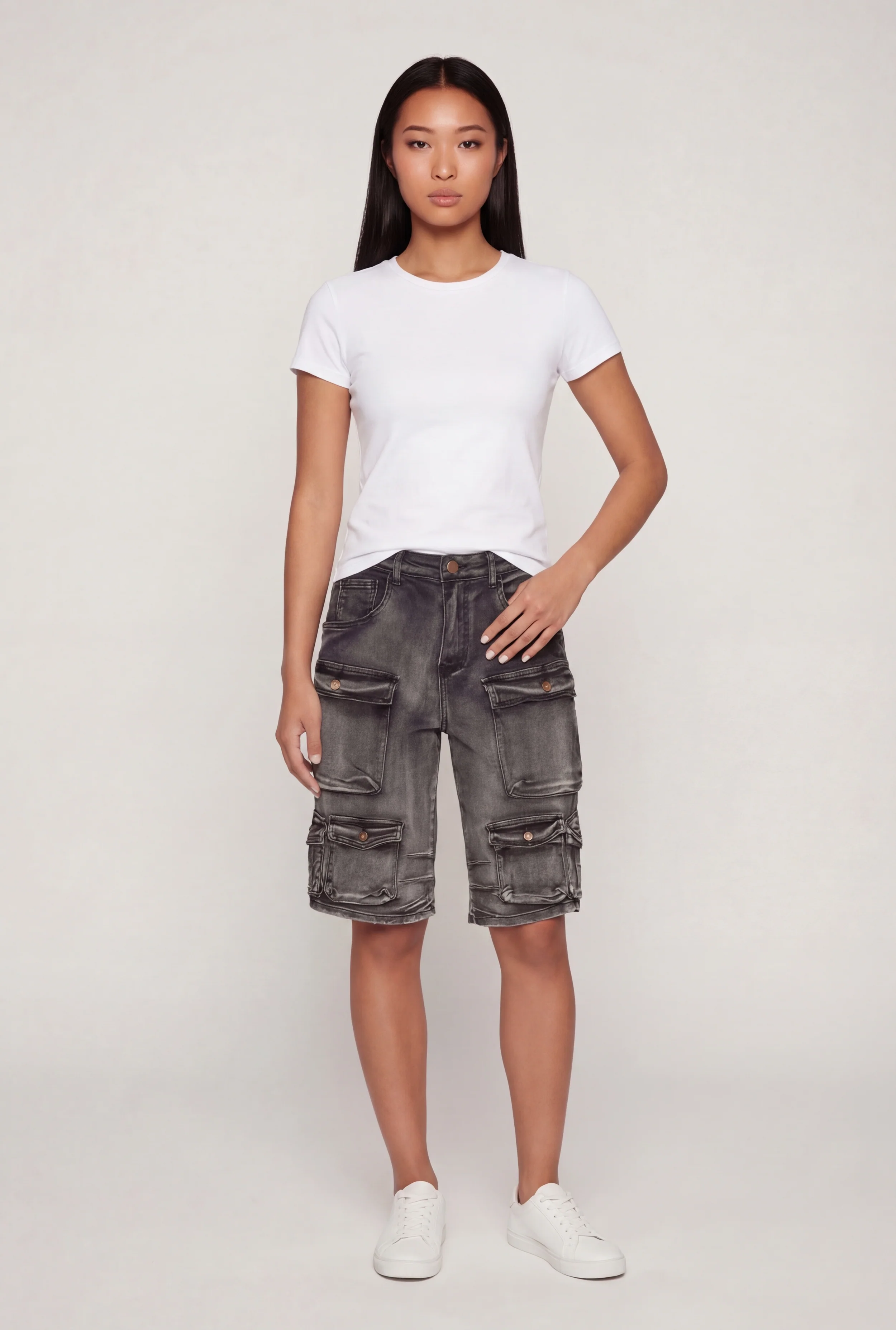 Acid Wash High Waisted Denim Cargo Bermuda Shorts