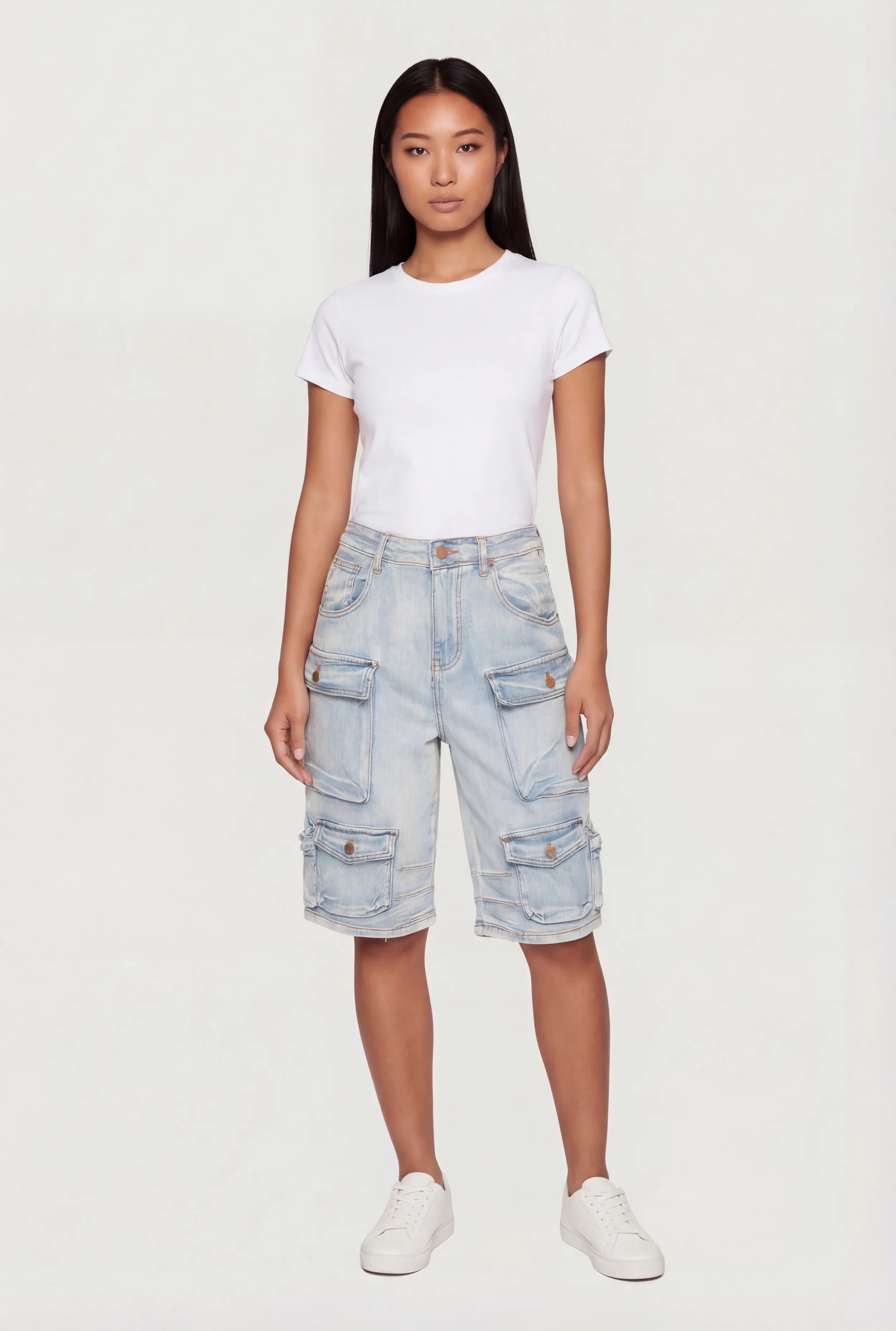 Acid Wash High Waisted Denim Cargo Bermuda Shorts