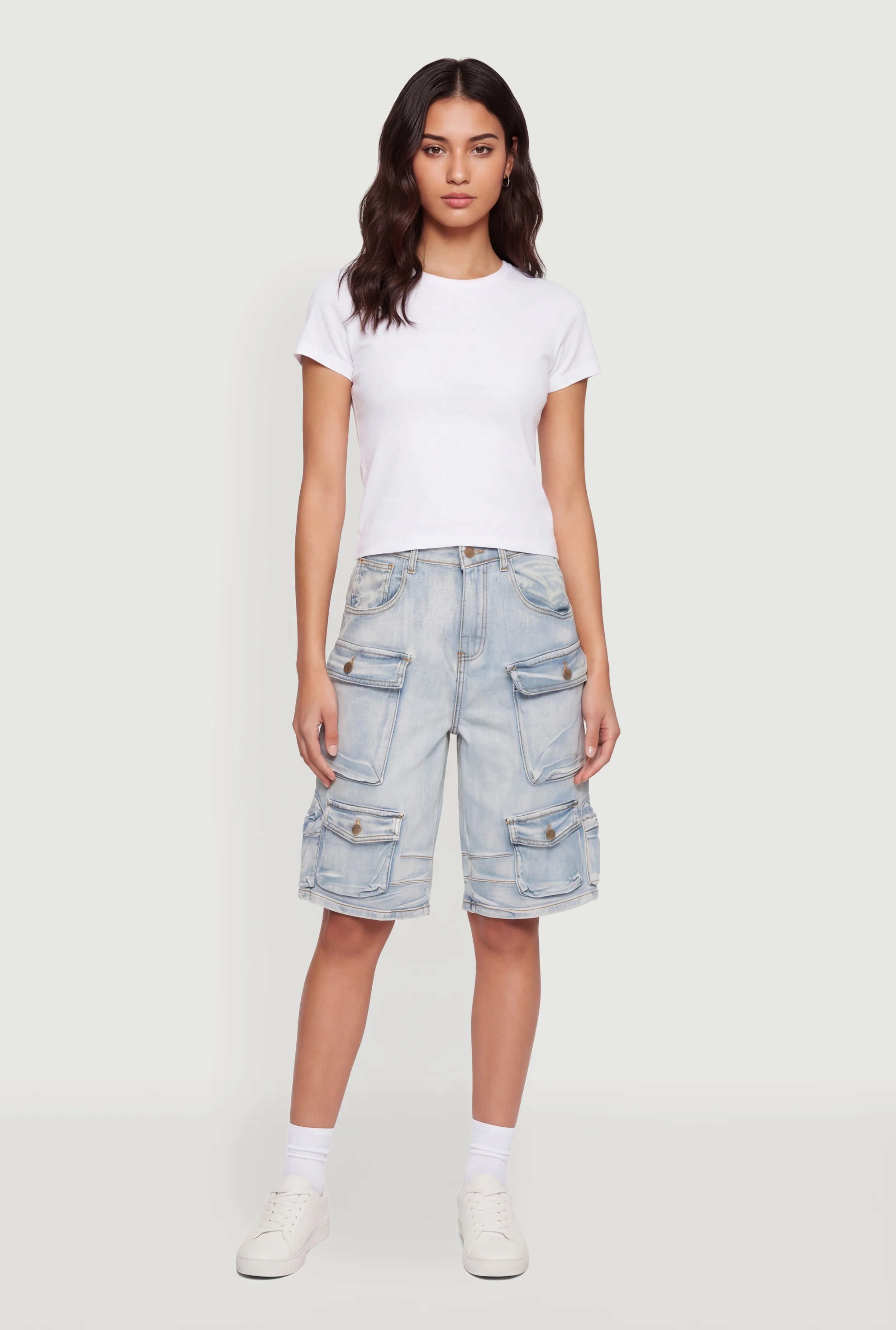 Acid Wash High Waisted Denim Cargo Bermuda Shorts