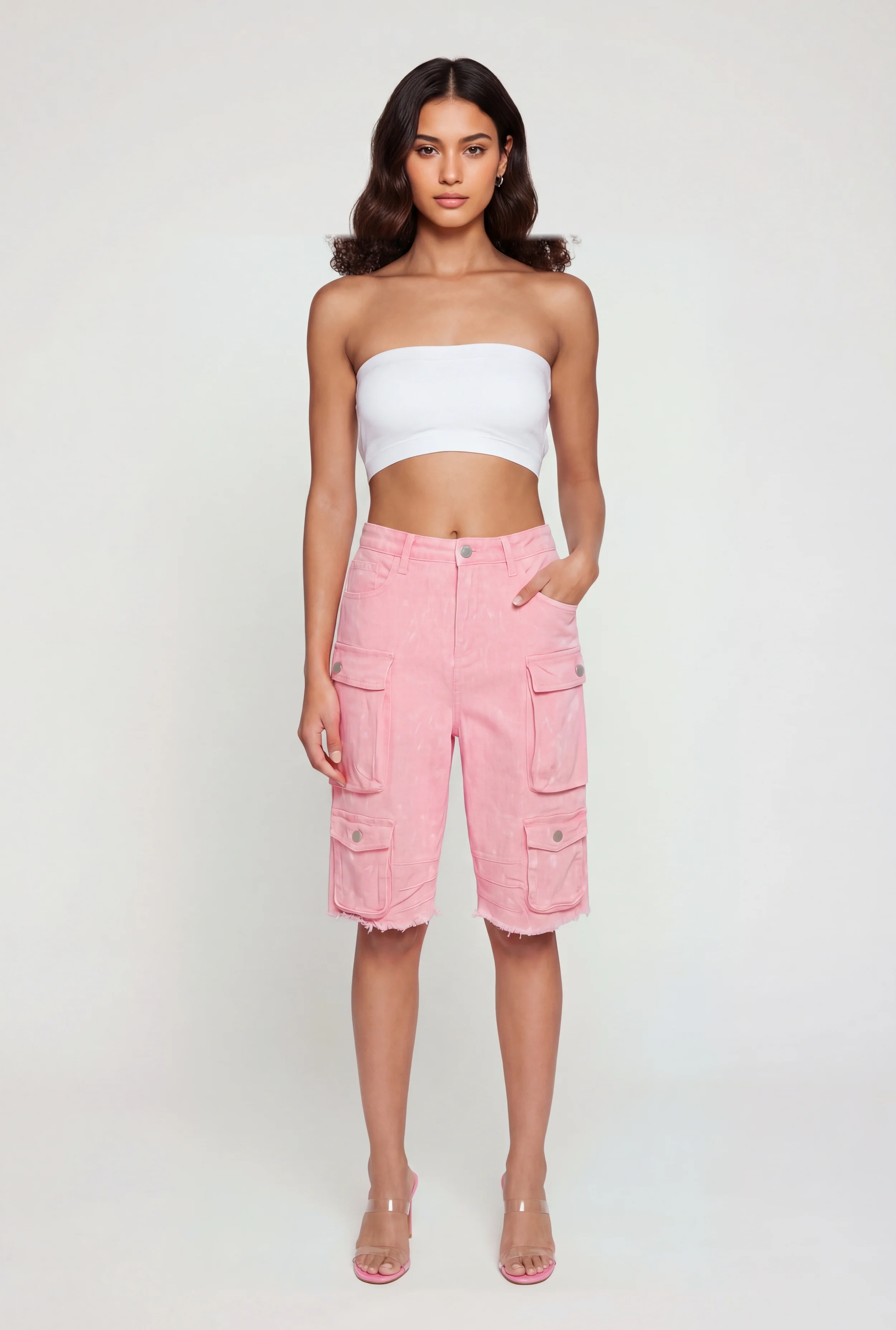 Acid Wash Raw Hem Denim Cargo Shorts