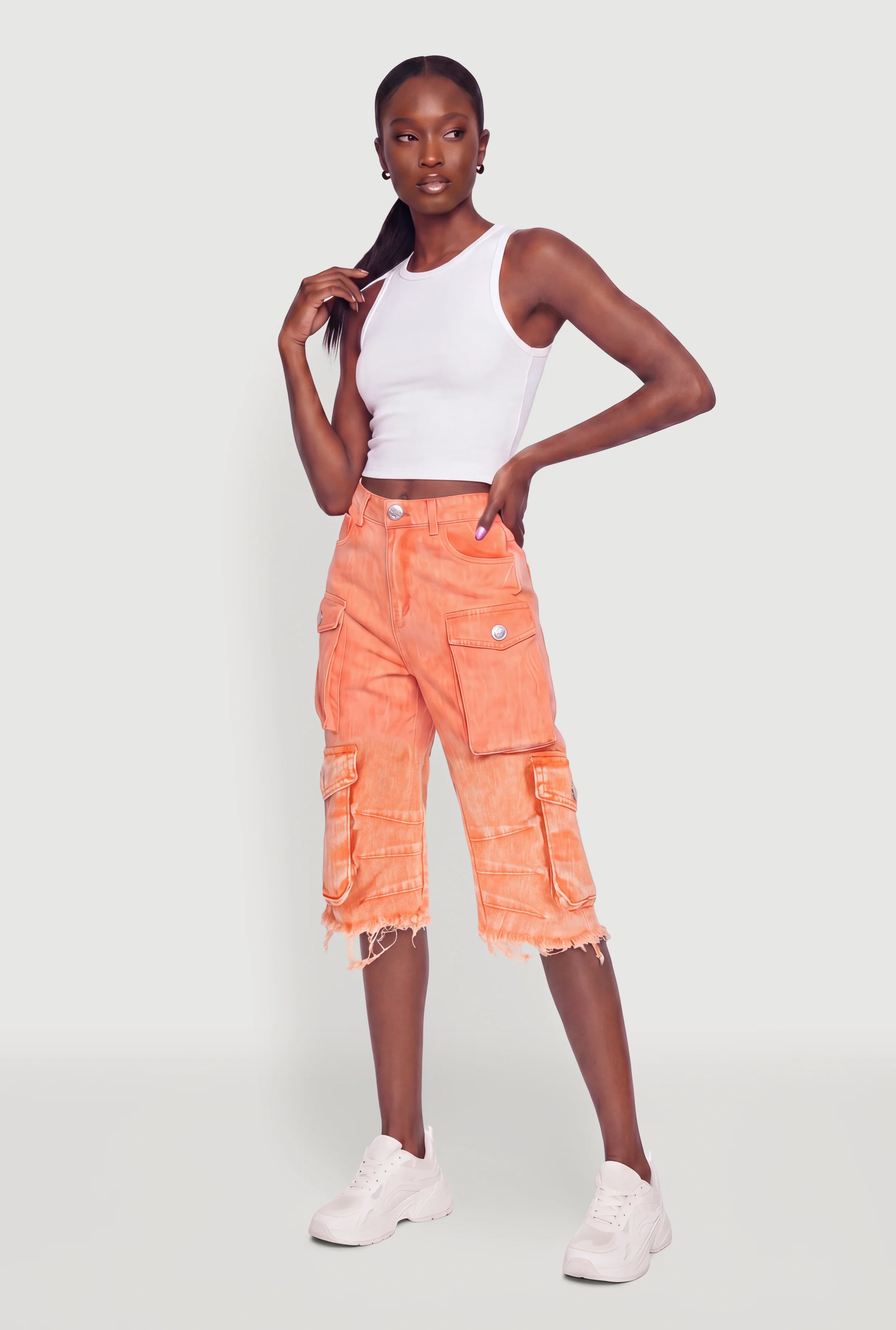 Acid Wash Raw Hem Denim Cargo Shorts