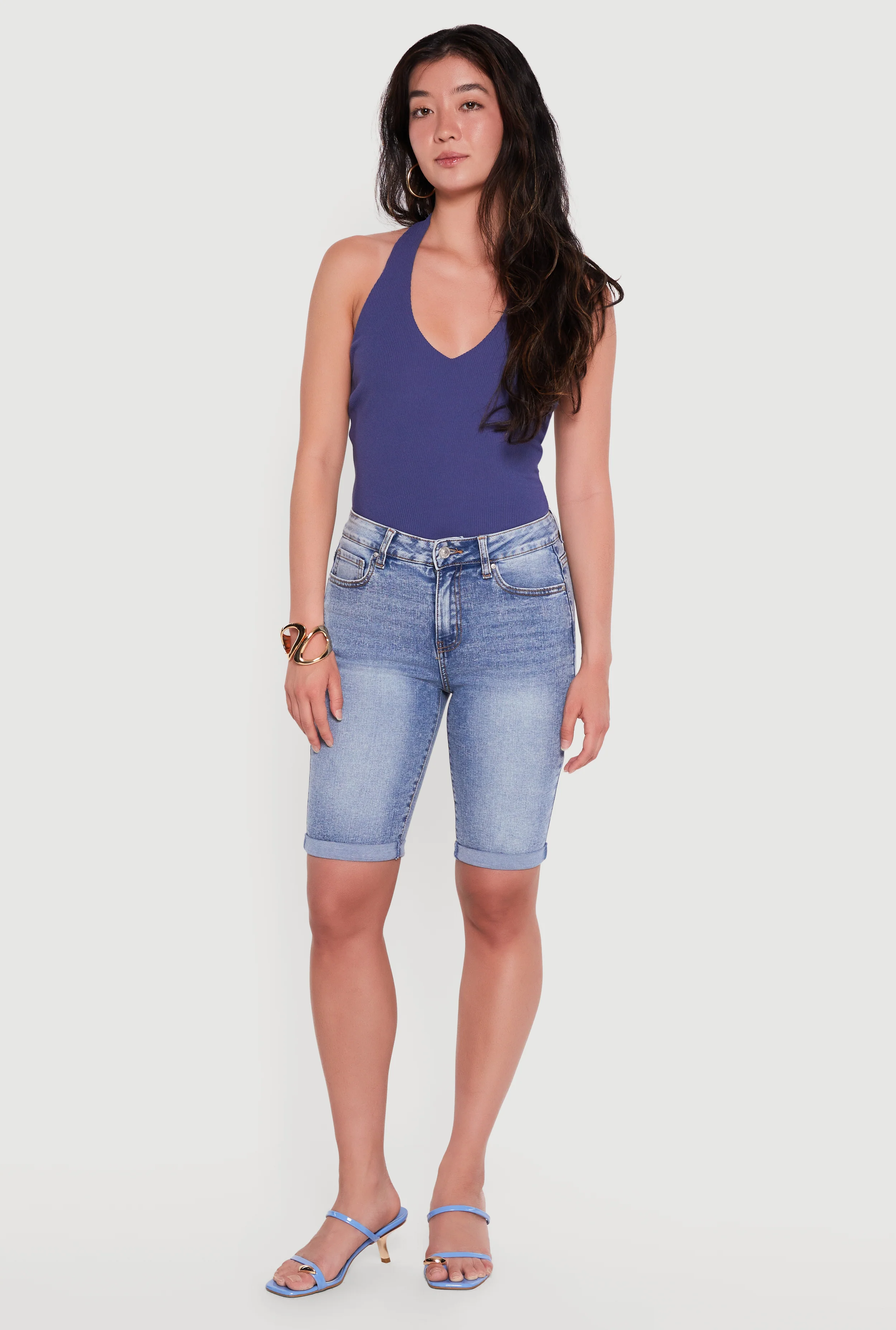High Waisted Acid Wash Denim Bermuda Shorts