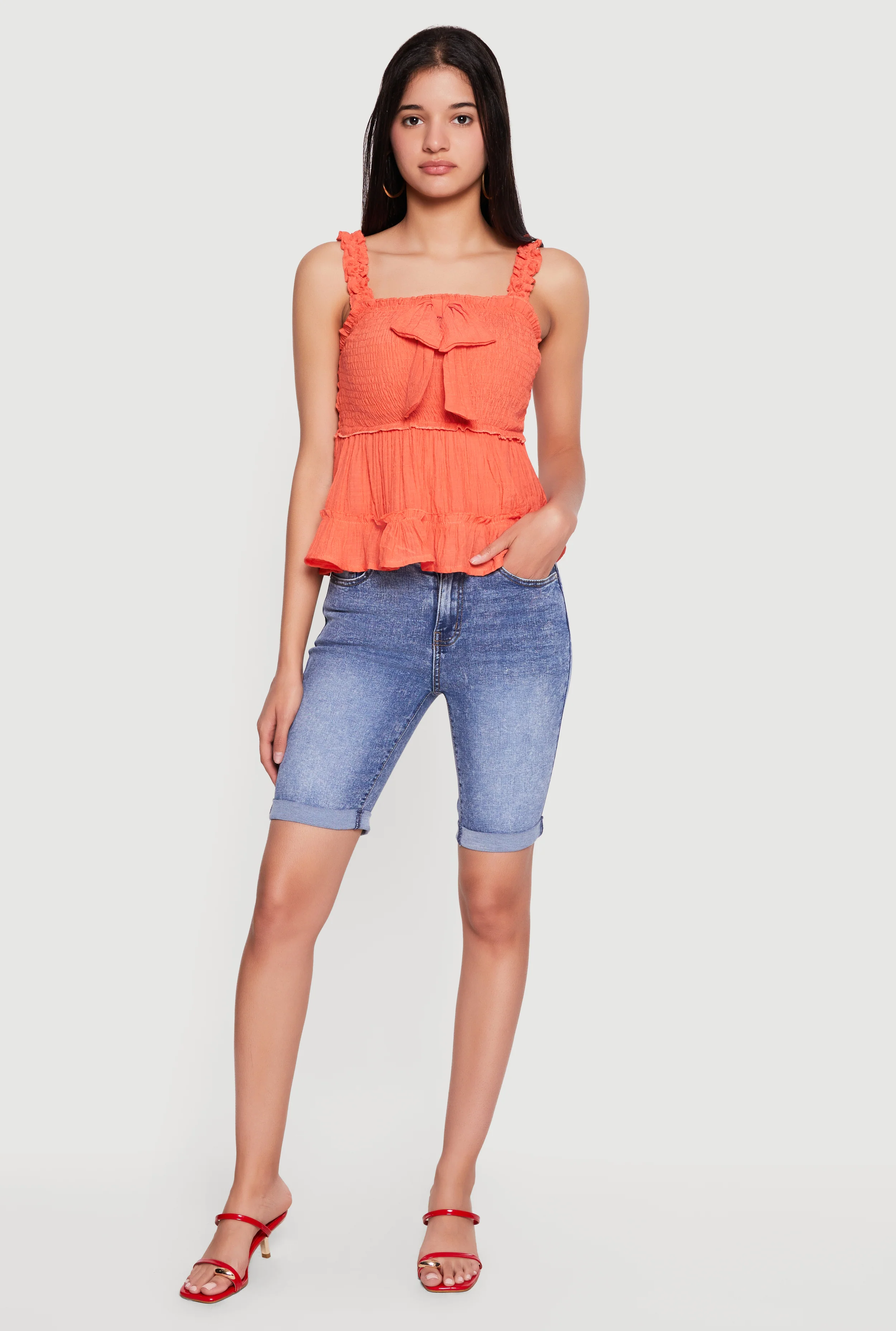 High Waisted Acid Wash Denim Bermuda Shorts