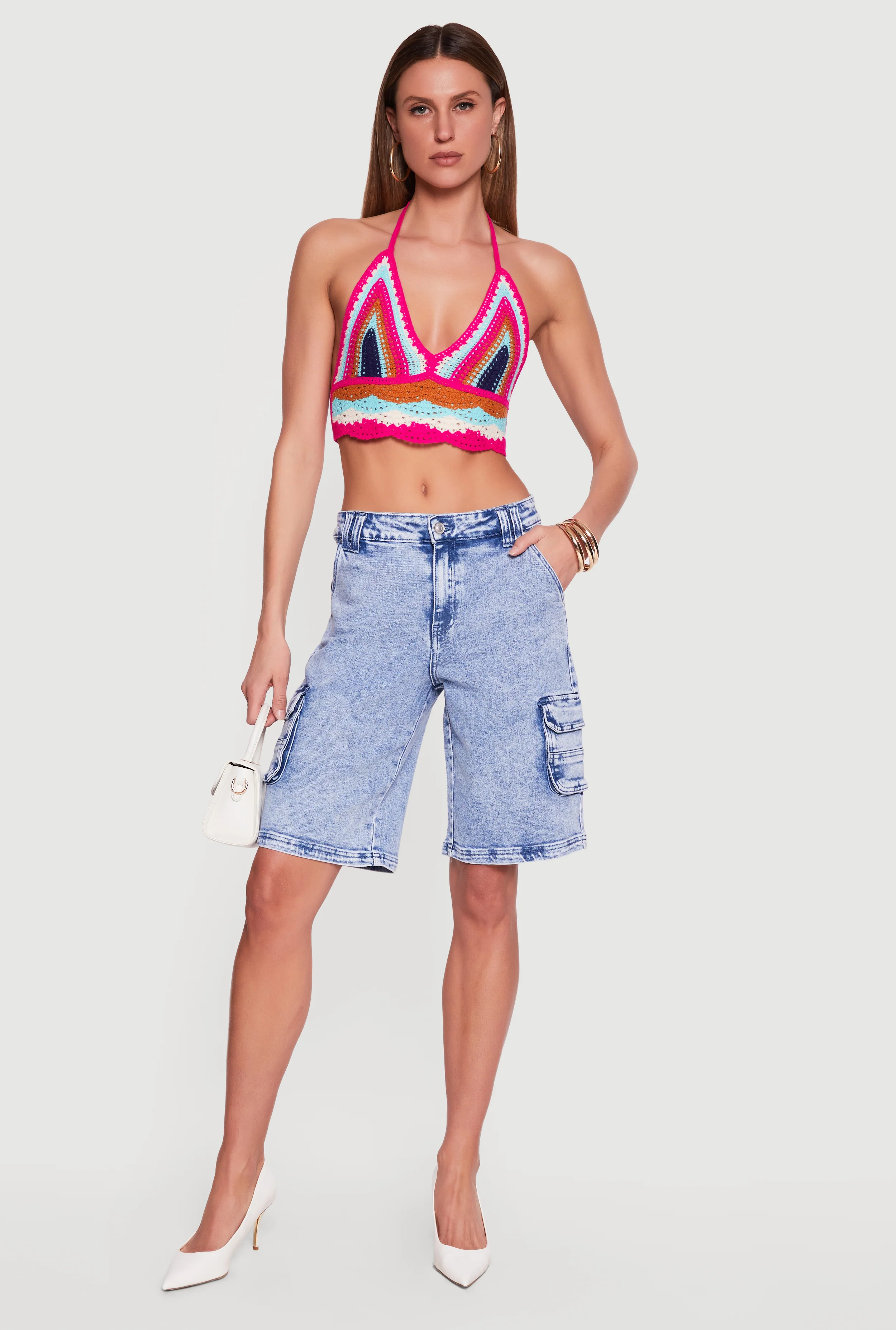 Acid Wash Cargo Pocket Denim Shorts