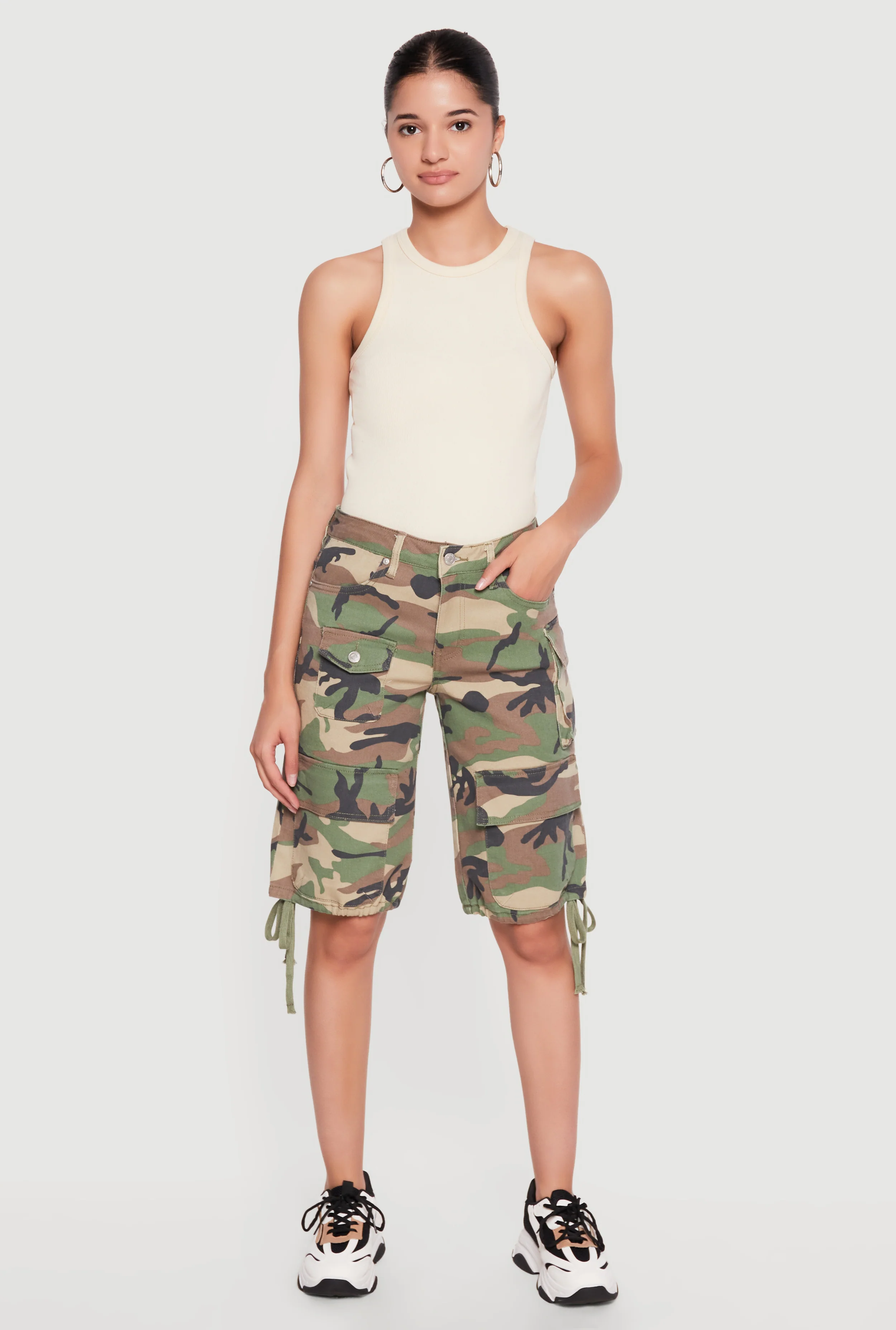 Camouflage Cargo Shorts with Drawstring Hem