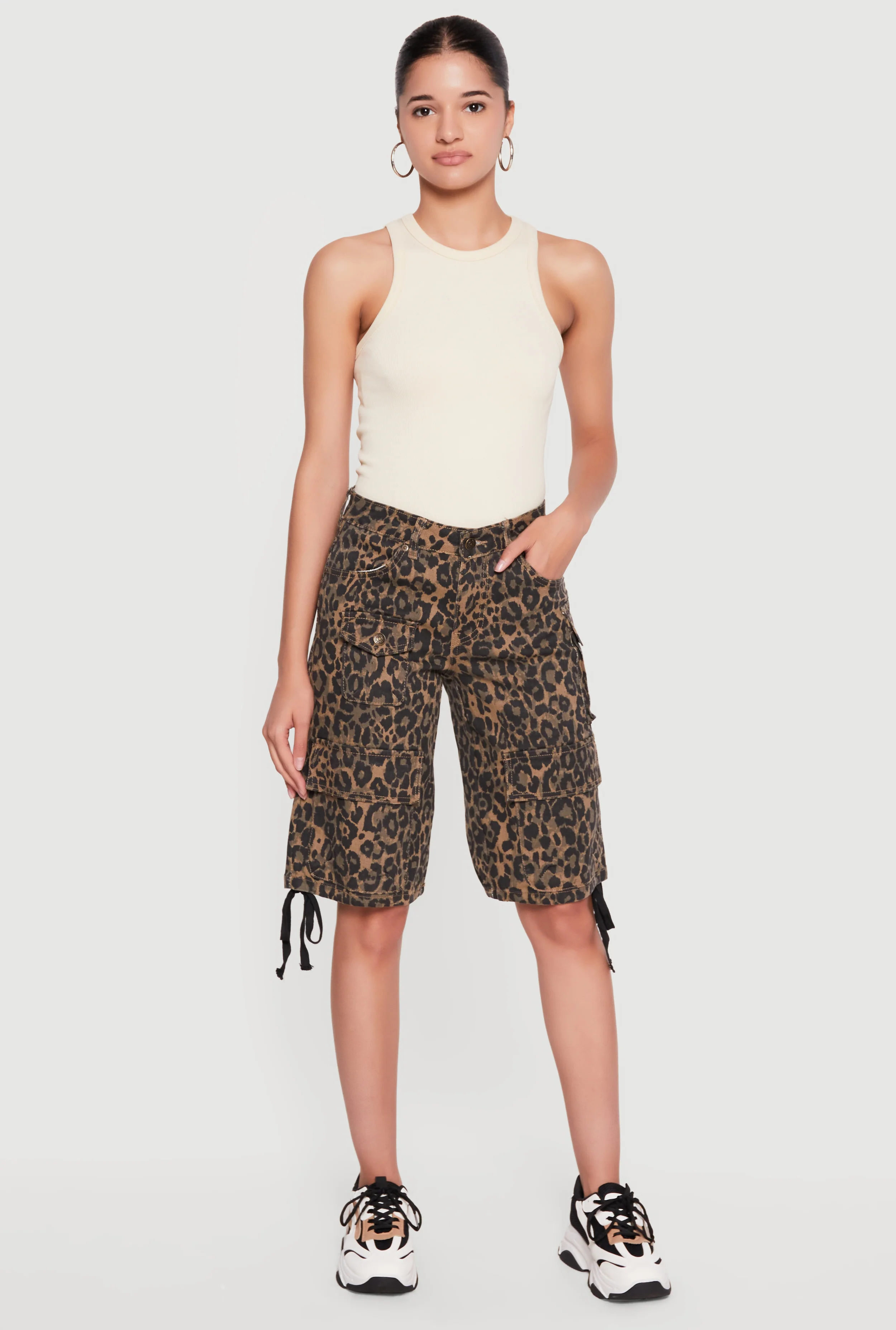 Leopard Print Drawstring Hem Cargo Bermuda Shorts